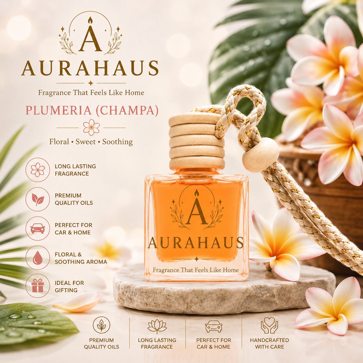 Plumeria (Champa) Diffuser Plumeria (Champa) Car Hanging Air Freshener | Long Lasting Premium Car Perfume | Hanging Air Freshener for Car, Home, Office & Wardrobe | Floral Sweet Fragrance-image-10