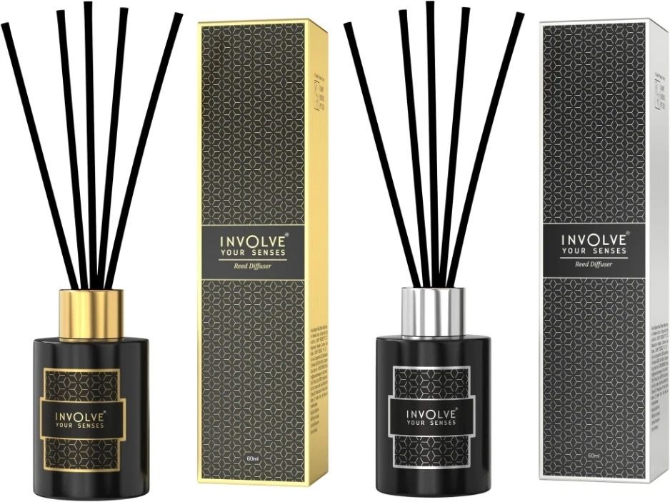 elegance reed diffuser set pack of 2 -golden musk glory and silver aqua - 120 ml diffuser set