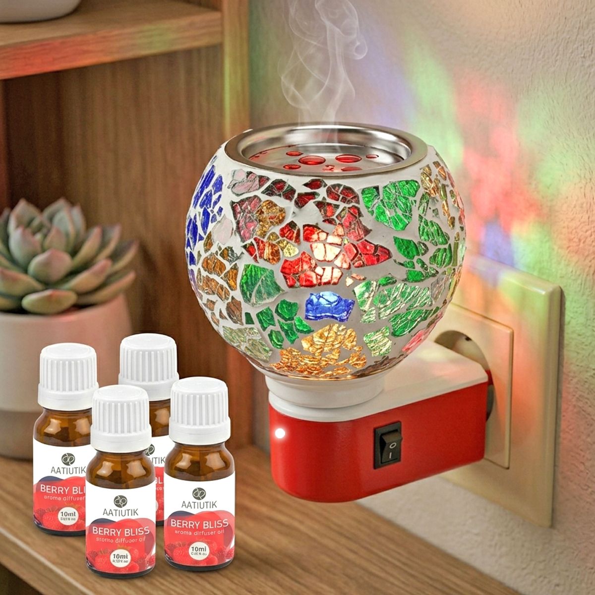 Berry Bliss Fragrance Air Freshener Diffuser Electric Kapoor Dani Camphor Diffuser with 4 x 10ml Aroma Oils | Mosaic Glass Plug-in Aroma Lamp | Camphor Burner | Night Lamp Light | Home, Office & Pooja Room Fragrance Diffuser-image-21