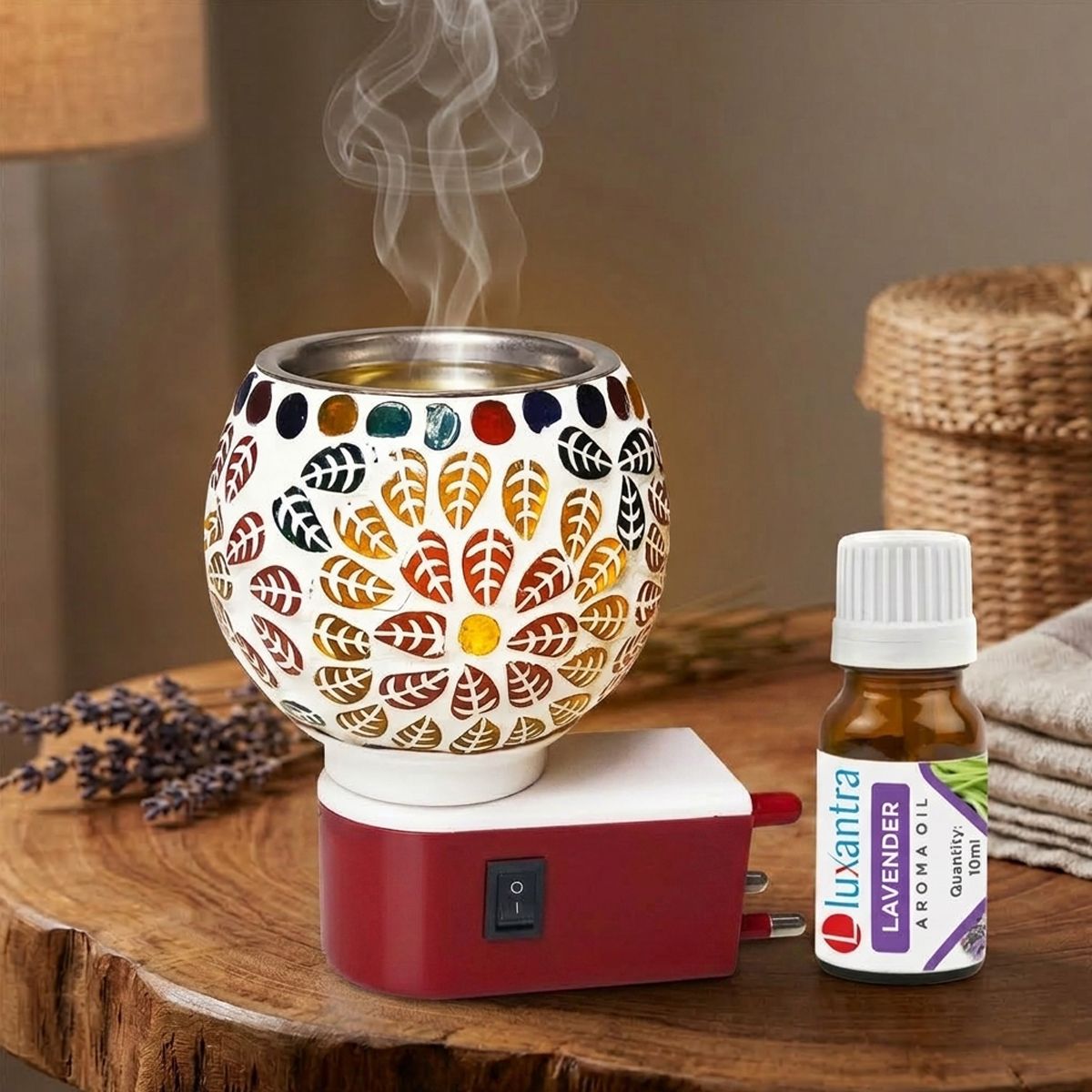 Lavender Fragrance Air Freshener Diffuser Set Handcrafted Electric Kapoor Dani Camphor Diffuser Night Lamp Light with Aroma Oil Burner | Ceramic Leaf Design Plug-in Air Freshener for Home, Office, Spa, Hotel, Temple & Meditation-image-49