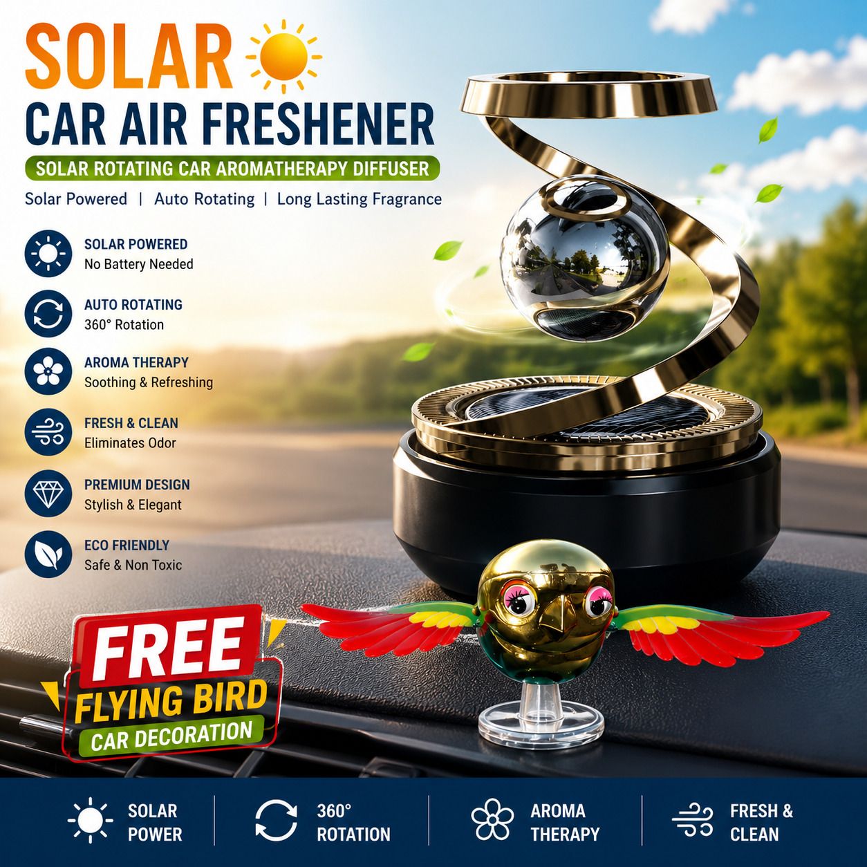 Ocean, Assorted Aroma Oil Solar Rotating Car Air Freshener with Free Flying Bird Car Decor-image-4
