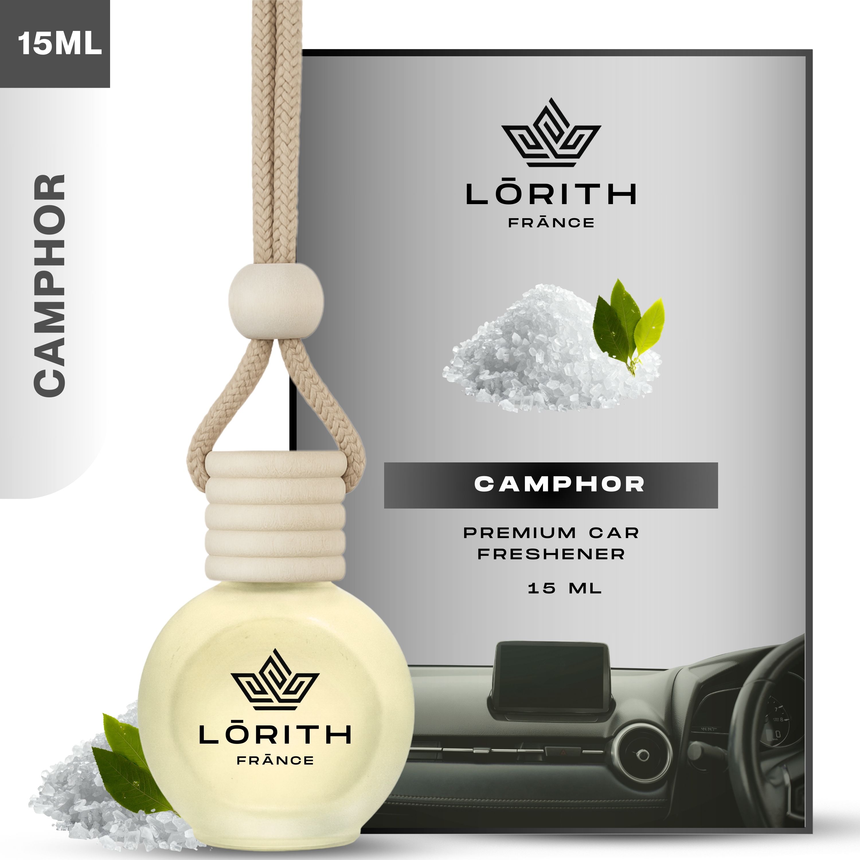 lorith france Camphor Car Freshener Diffuser Set Car Perfume Combo Best Pack of 1 Premium Hanging Car Air Freshener (Camphor) (15ML) Long Lasting Natural Essential Oil Glass Bottle Car Accessories-picture-28