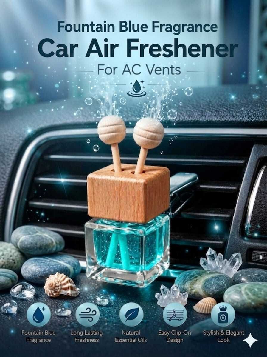 Fountain Blue Car Freshener Diffuser for AC Vent | Premium Perfume Diffuser Long Lasting Fragrance | Wooden Cap Glass Bottle Air Freshener-image-45