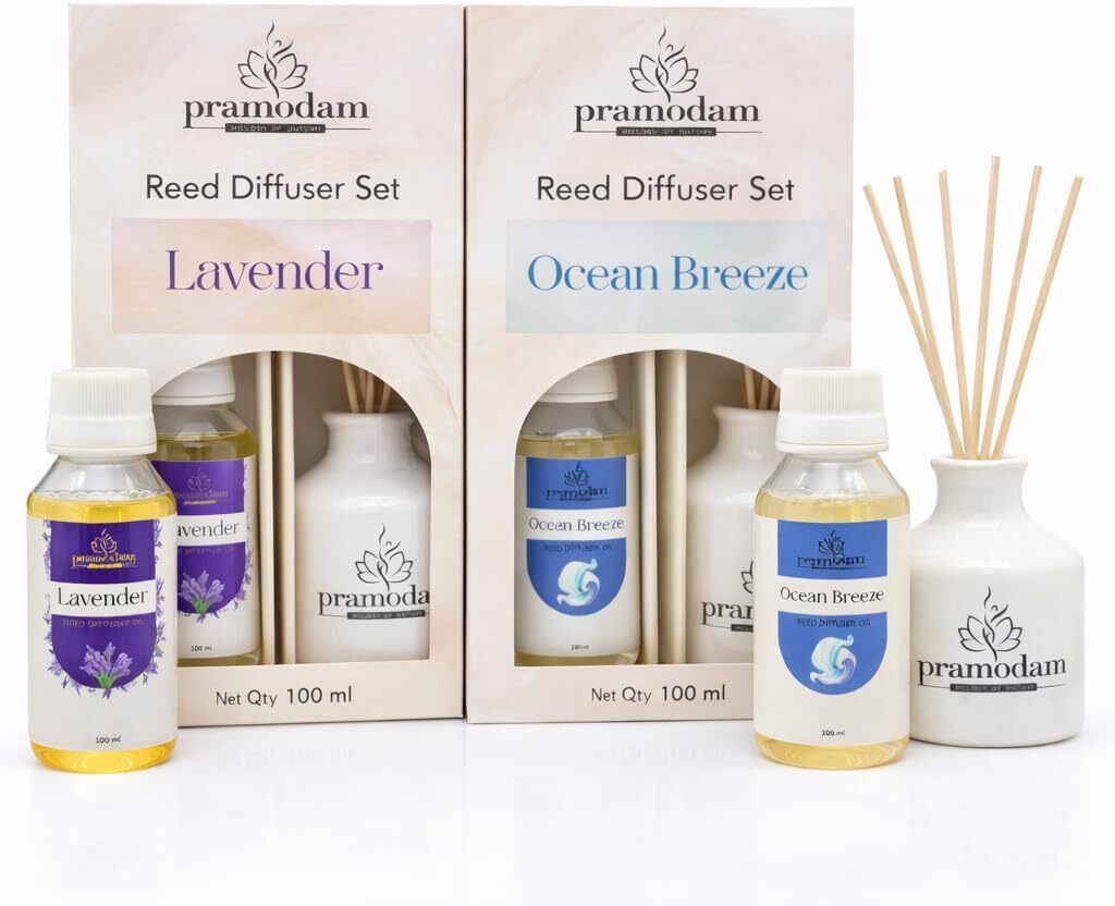pramodam Lavender+Ocean Breeze Diffuser Set Ceramic Pot Reed Diffuser Set with Lavender & Ocean Breeze | 12 Rattan Reeds-picture-31