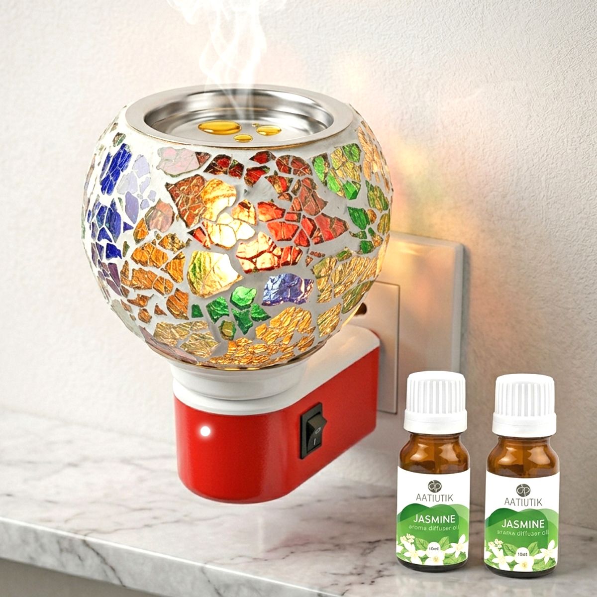 Jasmine Fragrance air freshener Diffuser Electric Mosaic Kapoor Dani Camphor Diffuser with Aroma Oils (10ml Each) | Plug-in Ceramic Room Freshener Machine electric Camphor Burner & Essential Oil Diffuser | Night Light Lamp | Room Freshener for Home, Office & Puja Room-image-17
