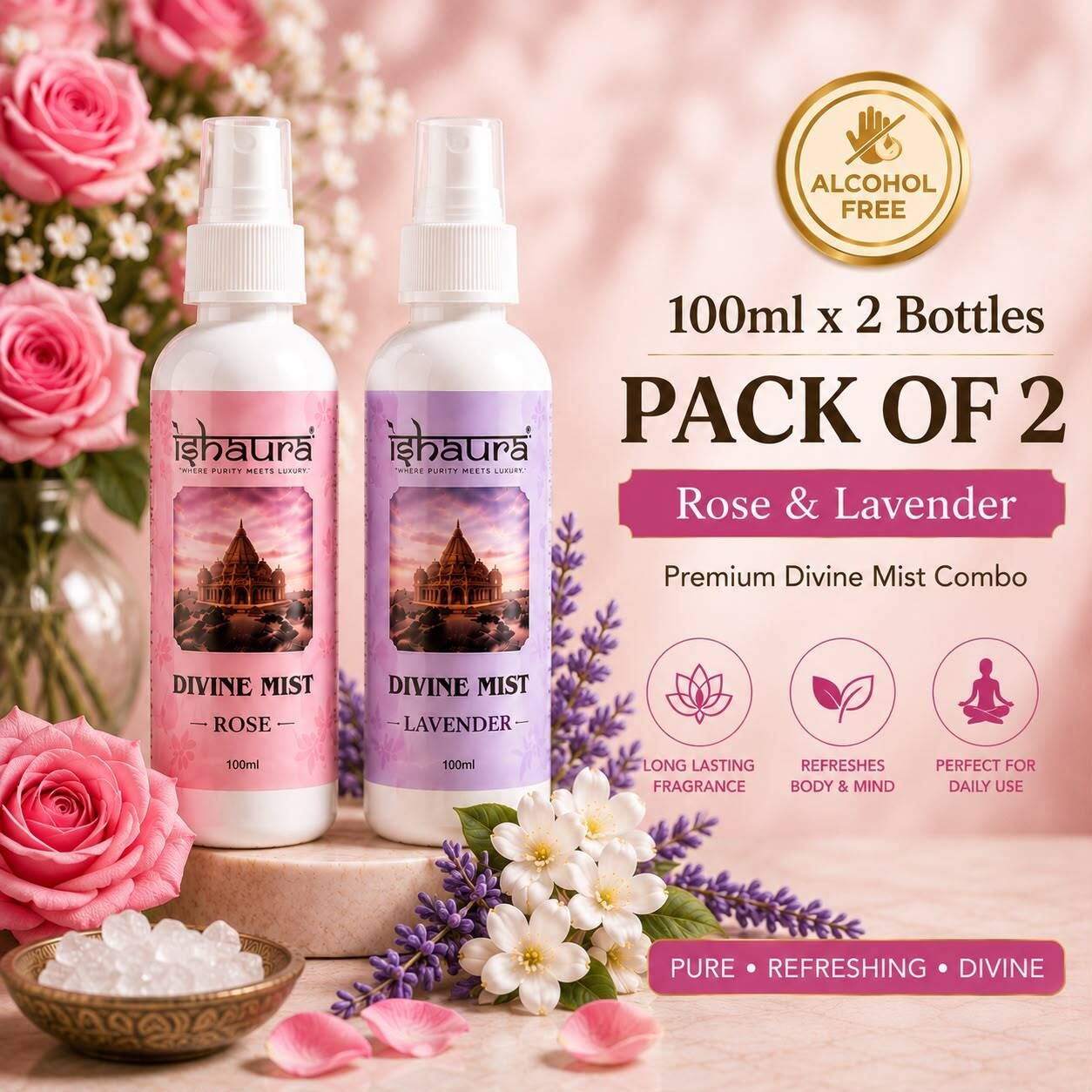 Rose & Lavender Spray Divine Mist 100 ml x 2 Bottles |Rose & Lavender Combo | Alcohol Free Body & Room Mist Spray | Long Lasting Fragrance | Premium Divine Mist for Home, Office, Temple & Daily Use-image-46