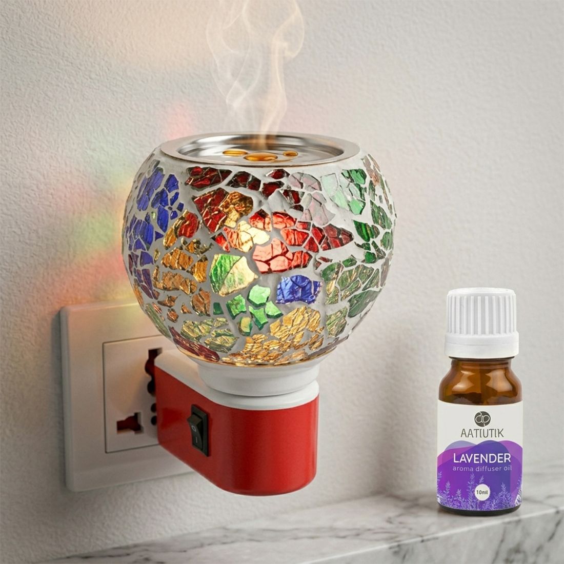Lavender Fragrance Air Freshener Diffuser Electric Mosaic Glass Kapoor Dani Camphor Diffuser with Aroma Oil | Plug-in Camphor Burner Night Lamp Light | Camphor & Essential Oil Diffuser for Home, Office, Pooja & Meditation-image-6