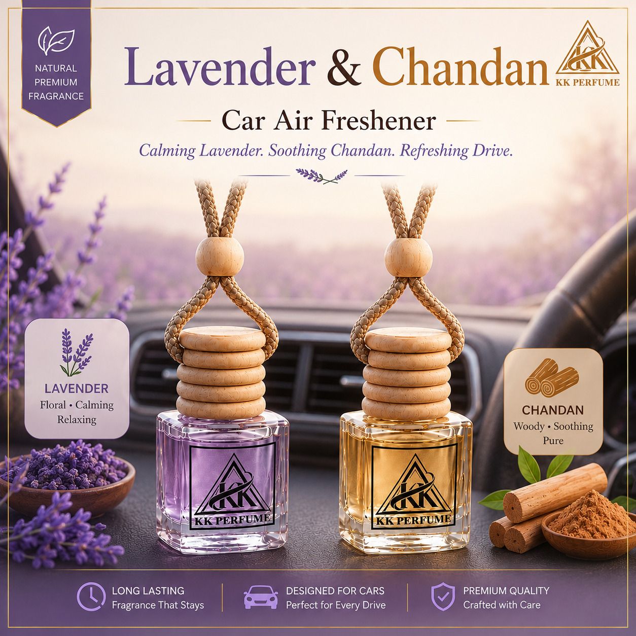 kk perfume Lavender, Chandan Diffuser Chandan & Lavender Hanging Car Perfume | Long Lasting Sandalwood Lavender Car Air Freshener-picture-38