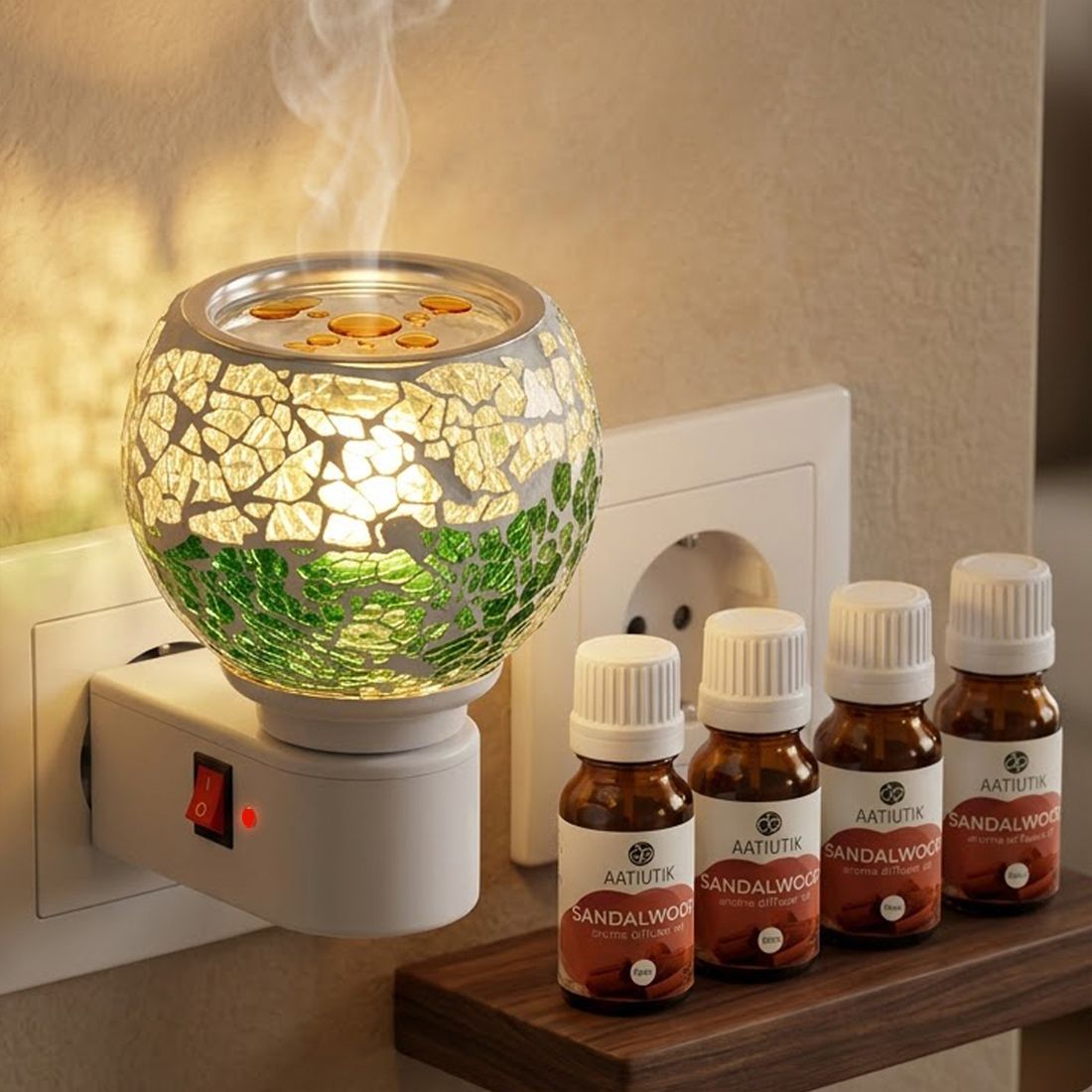 Sandalwood Home Fragrance Air Freshener Diffuser Set Premium Electric Kapoor Dani Camphor & Aroma Oil Diffuser with Set of 4 Aroma Oils (10Ml each) | Plug-in Ceramic Mosaic Fragrance Diffuser | Camphor Burner cum Night Lamp Light | Essential Oil Warmer | Home, Office & Temple Air Freshener (White & Green)-image-46