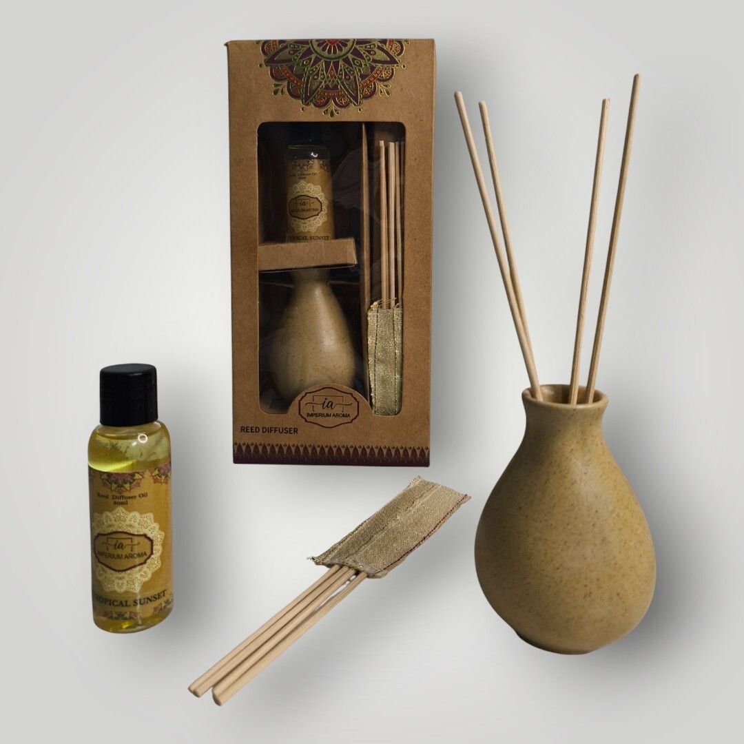 Ceramic Reed Diffuser | 50 ml Tropical Sunset Fragrance Oil | 8 Rattan Sticks | Diffuser Set For Home Fragrance, Office, Meditation Space, Bedroom & Living room-image-6