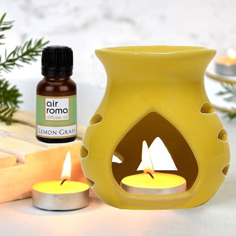 Aroma Gift Set Oil Burner Aroma Diffuser Yellow (Free 2 Tea Light Candles & 10 ml Lemon Grass Aroma Oil) Diffuser, Diffuser Set, Aroma Oil-image-30