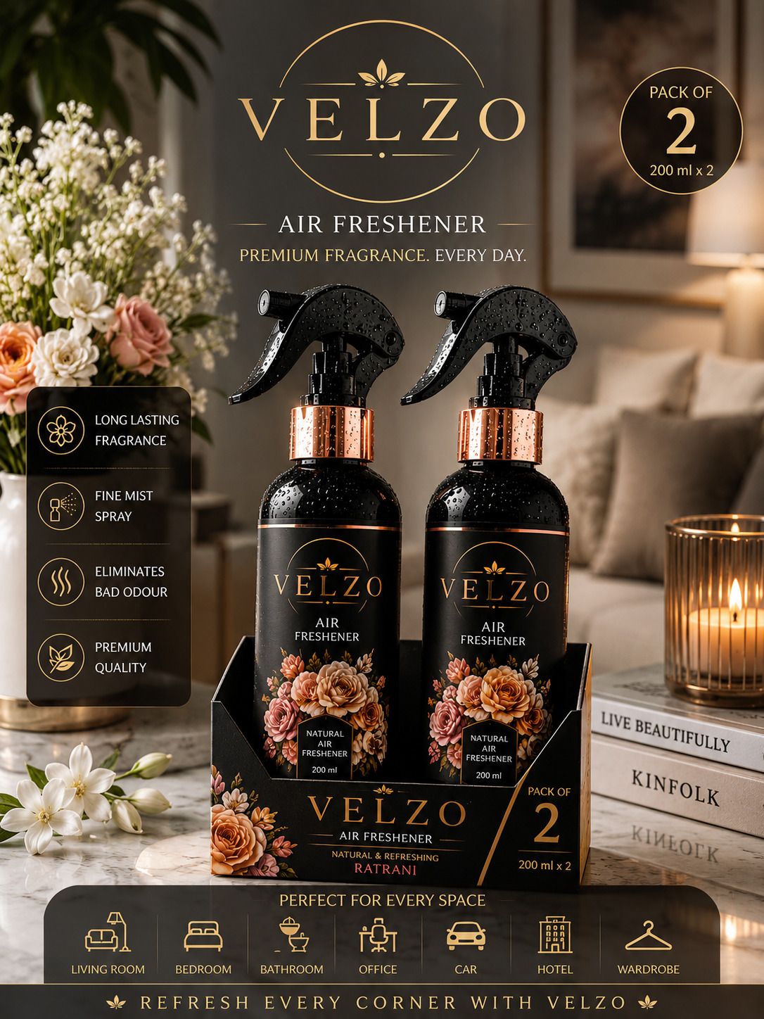 velzo Rose Spray Rose Gold AIR FRESHENER Car Freshener Spray ROSE Room Freshener-picture-8