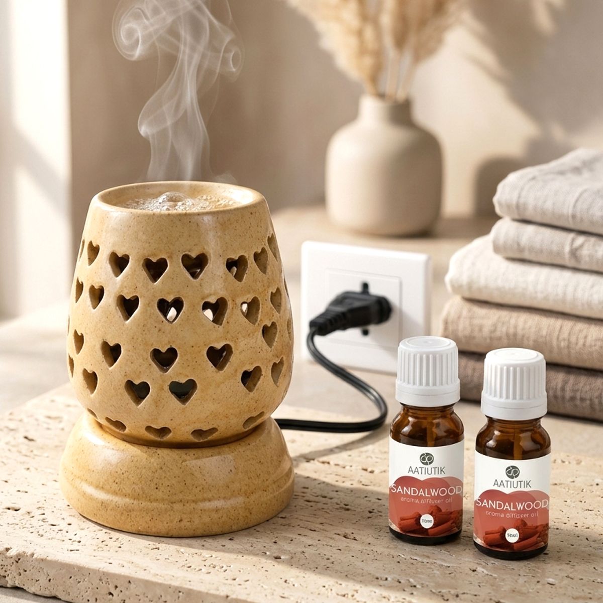 aatiutik Sandalwood Fragrance Air Freshener Diffuser Set Premium Hand crafted Ceramic Electric Aroma Diffuser with Aroma Oils (10ml Each) | Heart Cut Design Fragrance Oil Burner | Home, Office, Hotel & Spa Air Freshener-picture-10