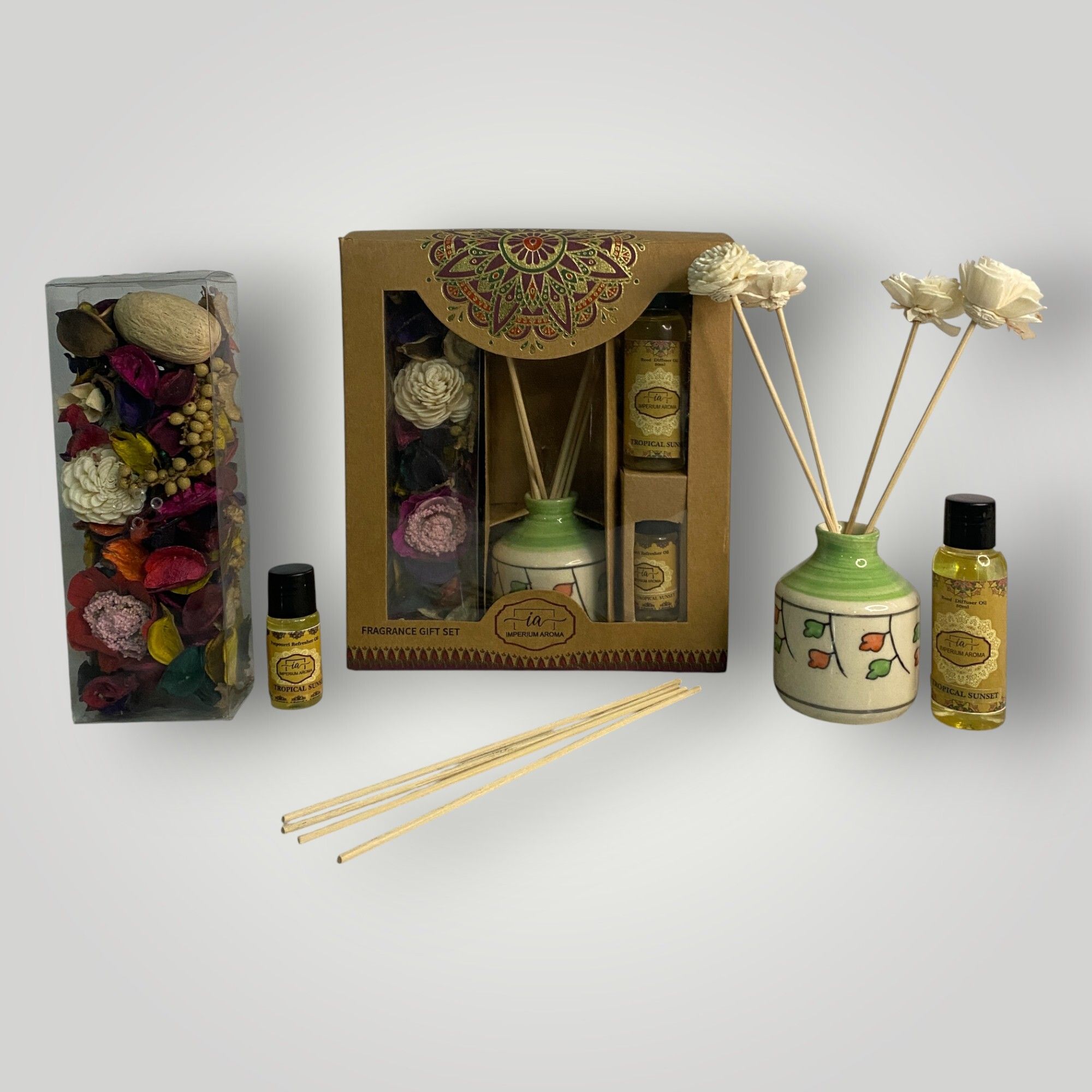 imperium aroma Tropical Sunset Reed Diffuser Set | 50 ml Oil | Home Fragrance Diffuser, Potpourri 50 g with 15 ml Oil |8 Sticks | Floral Fresh Aroma for Bedroom, Livingroom & Offices-picture-7