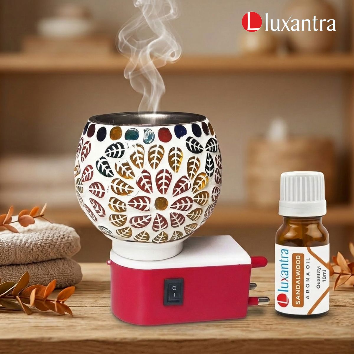 Sandalwood Fragrance Air Frewshener Diffuser Set Handcrafted Electric Kapoor Dani Camphor Diffuser Night Lamp Light with Aroma Oil Burner | Ceramic Leaf Design Plug-in Air Freshener for Home, Office, Spa, Hotel, Temple & Meditation-image-42