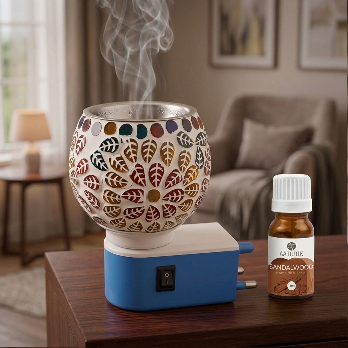 Sandalwood Diffuser Set Electric Aroma Oil Burner with Ceramic Bowl | Room Freshener, Camphor & Essential Oil Fragrance Diffuser-image-40