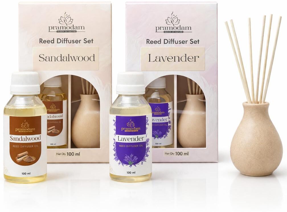 Sandalwood+Lavender Diffuser Set Ceramic Reed Diffuser Set of 2 Sandalwood & Lavender with 12 Rattan Sticks-image-6
