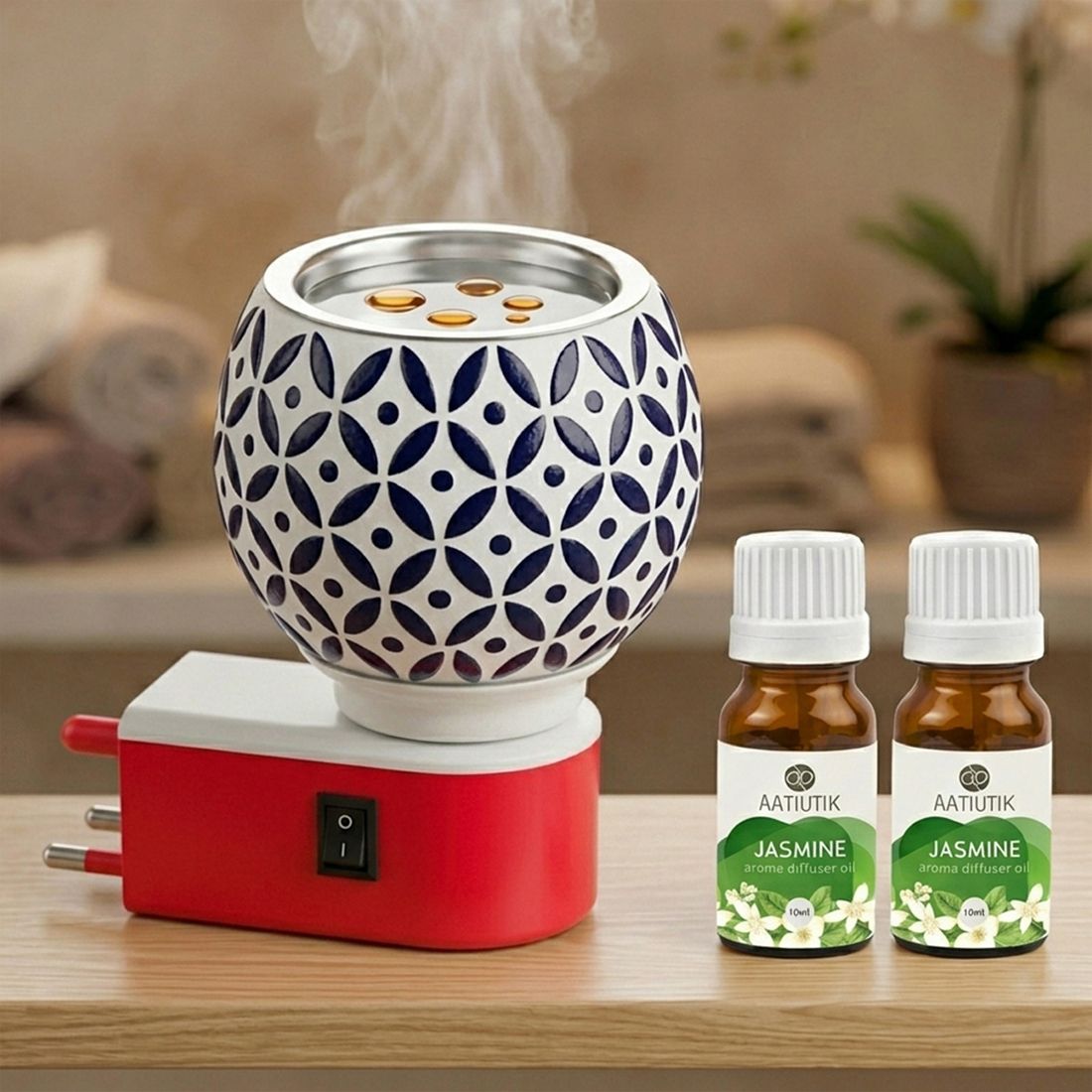 aatiutik Jasmine Fragrance air freshener Diffuser Set Premium Electric Kapoor Dani Camphor Diffuser with Ceramic Aroma Burner | Essential Oil & Camphor Fragrance Diffuser with Night Lap Light | Electric Dhoop Dani for Home, Office, Meditation & Pooja Room-picture-9