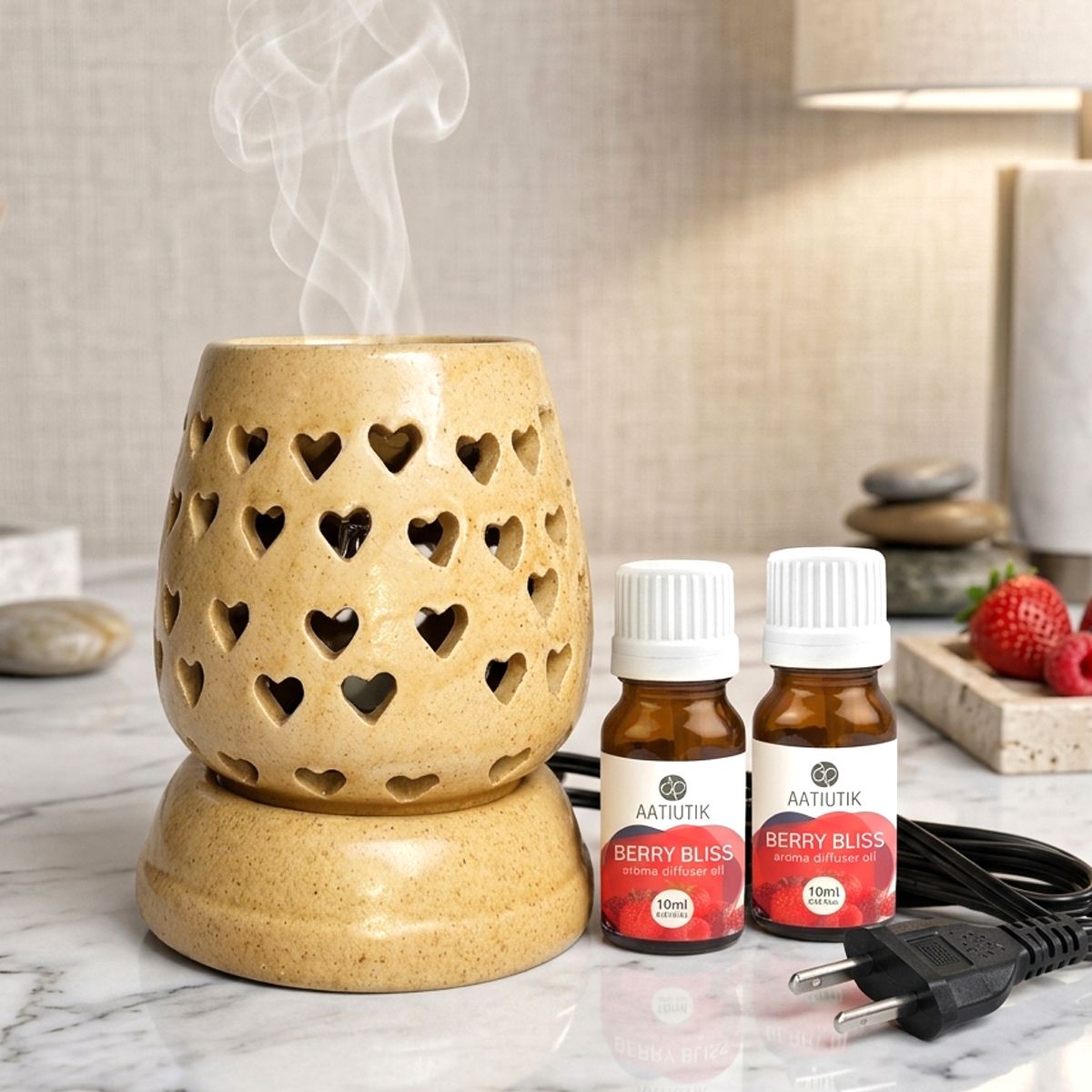 Berry Bliss Fragrance Air Freshener Diffuser, Diffuser Set Premium Ceramic Electric Aroma Diffuser with 2 Berry Bliss Aroma Oils (10ml Each) | Heart Cut Design Fragrance Oil Burner | Home, Office & Spa Air Freshener-image-10