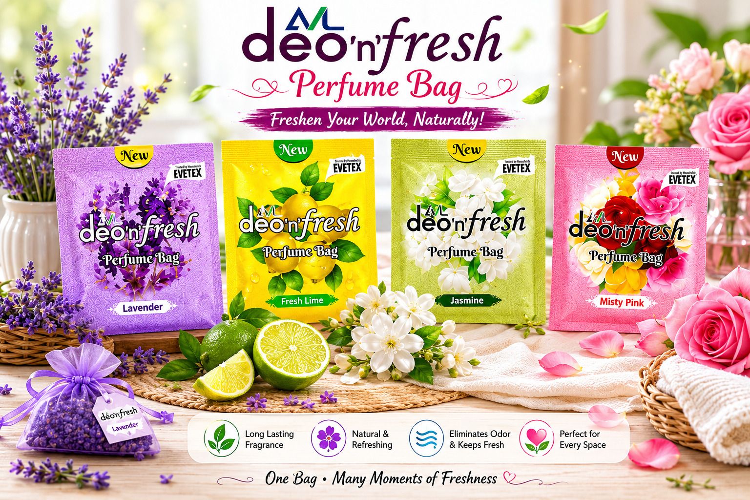 Lavender, Fresh Lime, Jasmine, Misty Pink Potpourri Deo'n Fresh Perfume Bag Air Freshener for Wardrobe, Car, Drawer, Bathroom & Shoe Rack | Long Lasting Fragrance Sachet | Odor Eliminator (Pack of 4)-image-31