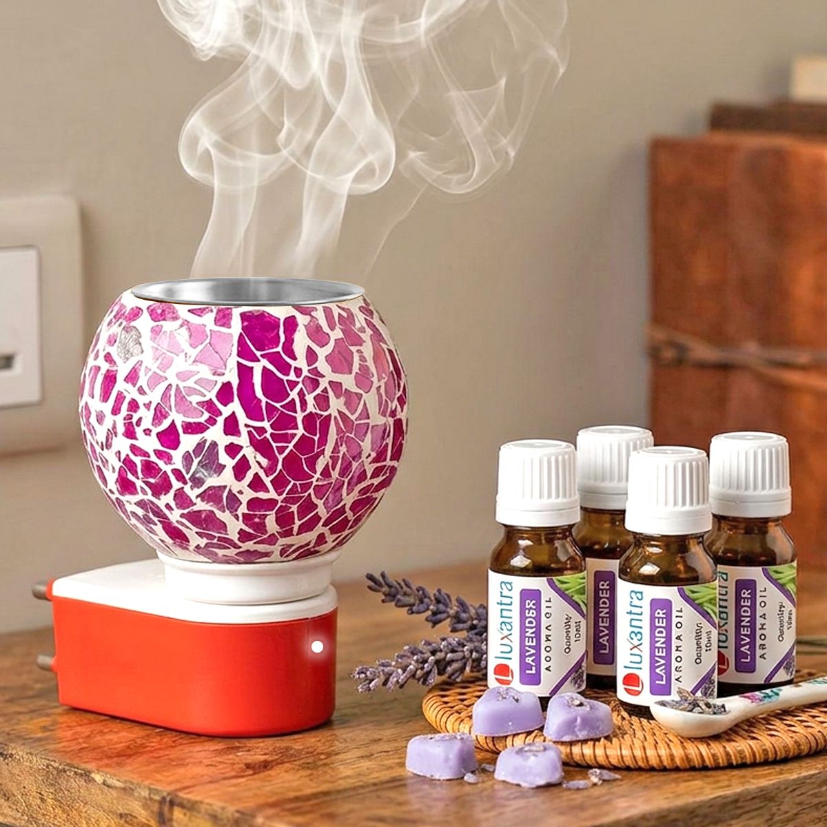 Lavender Fragrance Air Freshener Diffuser Set Electric Aroma Diffuser with Set of 4 Aroma Oils (10ml Each) | Plug-in Kapoor Dani Camphor Diffuser | Mosaic Glass Fragrance Oil Burner | Night Lamp Light | Room Freshener for Home, Office, Spa, Hotel & Temple-image-45