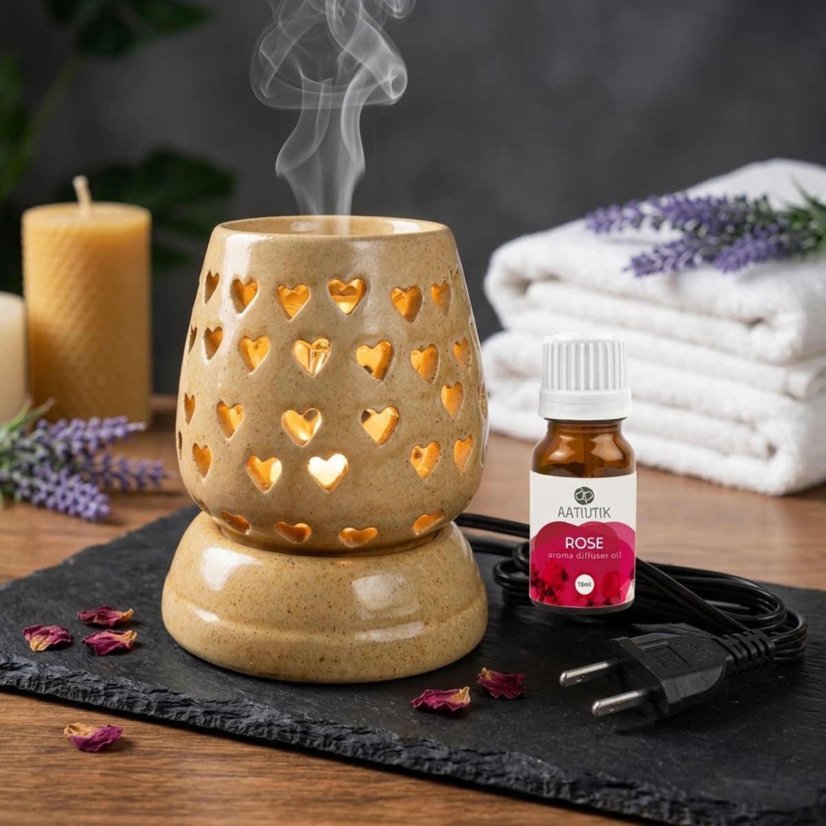 Rose Fragrance Air Freshener Diffuser Set Premium Ceramic Electric Aroma Oil Diffuser with Heart Cut Design | Essential Oil Burner for Home, Office, Spa & Meditation | Fragrance Air Freshener (Ivory)-image-29
