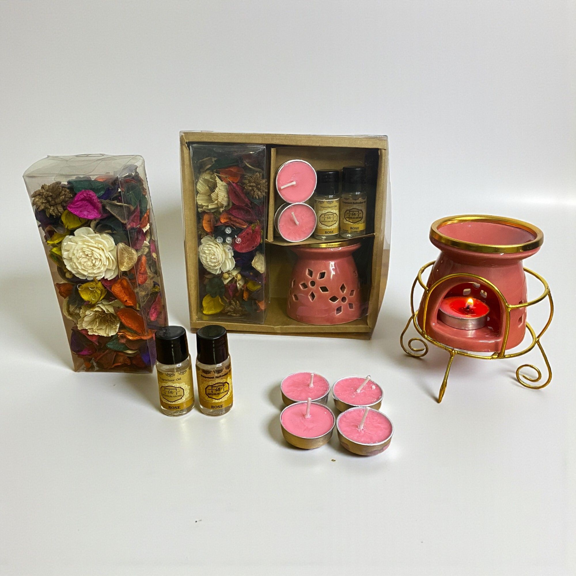 imperium aroma Luxury Aromatherapy Burner with Golden Brass Neck & Elegant Metal Stand Diffuser Set, Potpourri 50g | Tealight Candles 04 | Rose vaporizer Oil 15 ml & Potpourri Refresher Oil 15 ml | Perfect for Bedroom, Living Room & Spa-picture-16