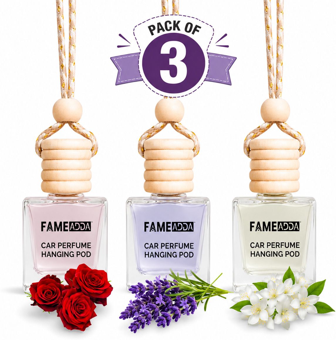fameadda 10 Ml Each Rose Lavender & Jasmine Pack Of 3 Car Freshener Diffuser | Luxury Car Air Freshener | Refill Car Hanging Perfume | Long Lasting Car Fragrance | Premium Car Freshener Hanging Pod | Car Perfume for All Car Interior Accessories-picture-26