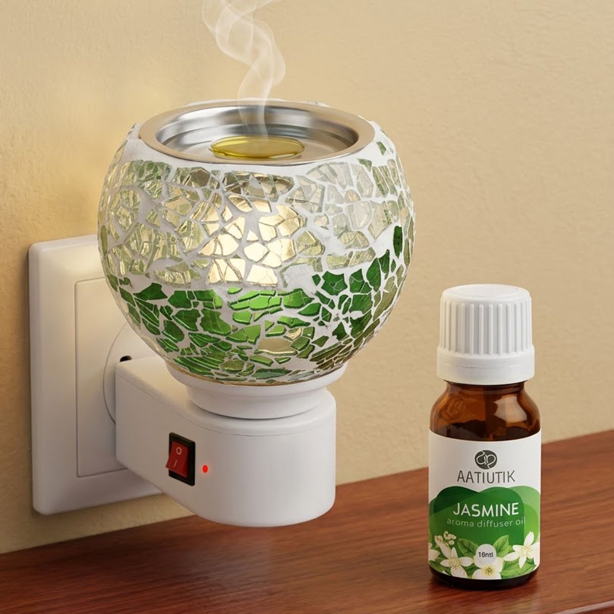 Jasmine Home Fragrance Air Freshener Diffuser Set Premium Electric Kapoor Dani Camphor Diffuser | Mosaic Glass Night Lamp | Plug-in Aroma & Camphor Burner | Smoke-Free Fragrance Diffuser for Home, Office, Hotel, Spa, Temple & Meditation-image-16