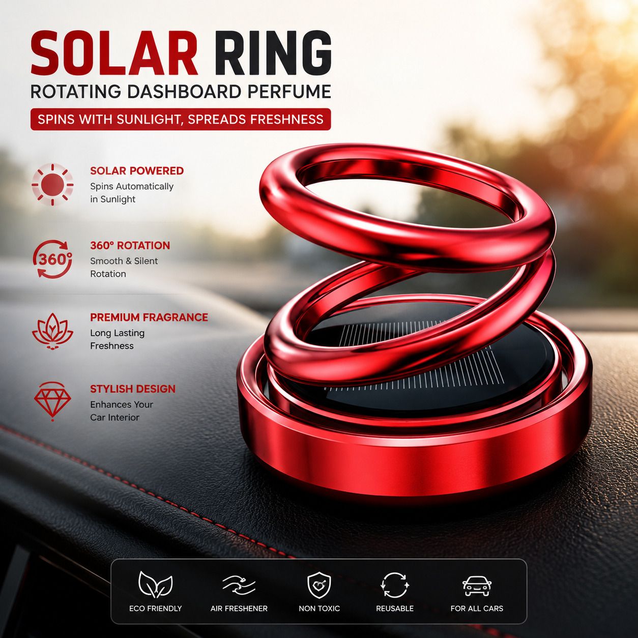 cartalesco RED SOLAR RING EDITION Aroma Oil SolarAura Elite Rotating Car Perfume | Solar Powered Aroma Fragrance Diffuser | Dashboard Air Freshener | Red-picture-40