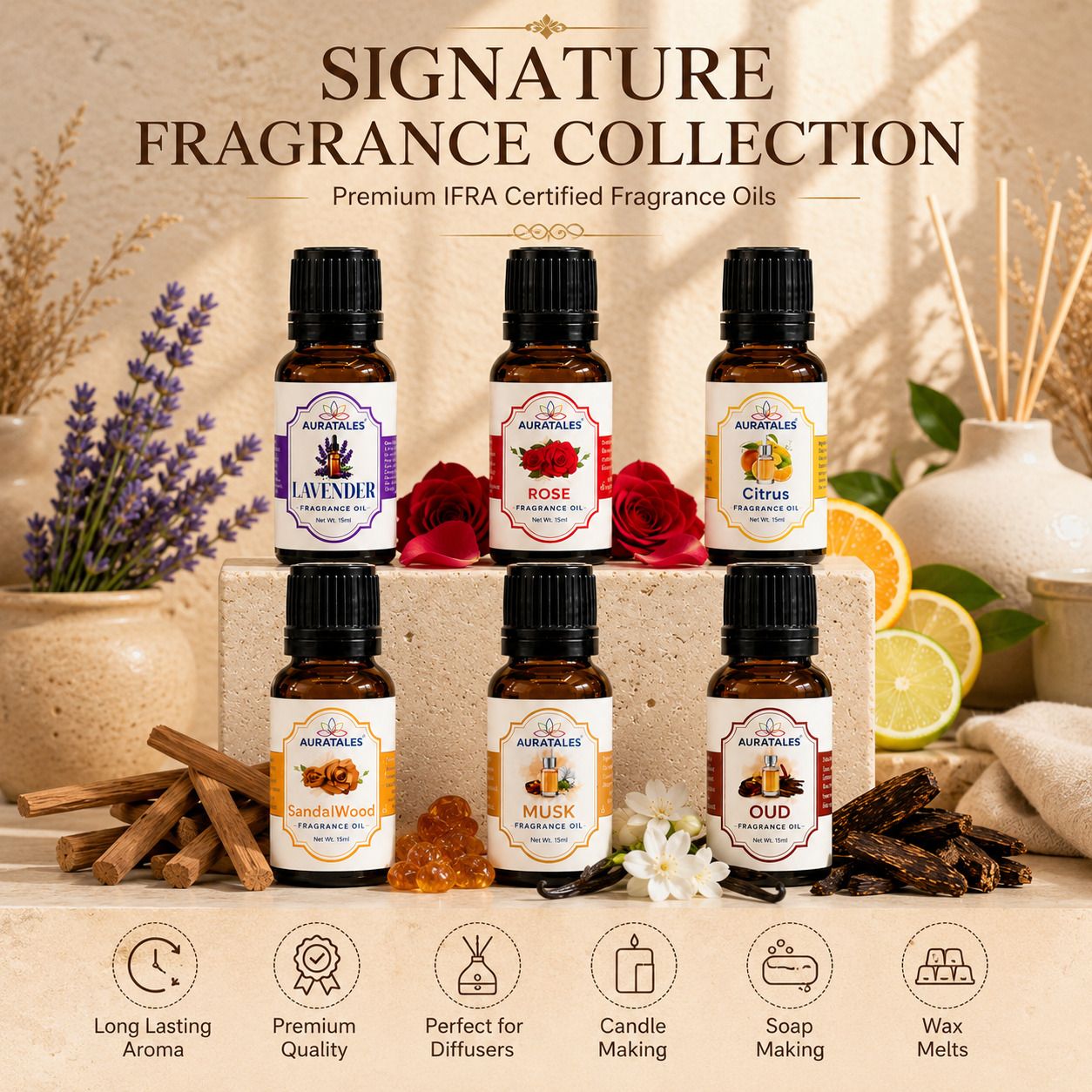 Sandalwood, Lavender, Citrus, Oudh, Musk, Rose Aroma Oil, Refill Aroma Diffuser Oil Combo of 6 | 90ml for Home, Office, Cupboards, Shoeracks, Drawers-image-49