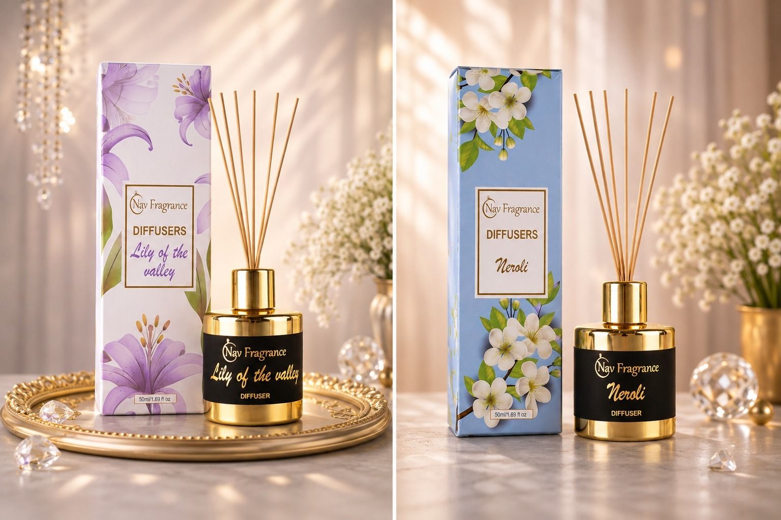 navfragrance Lily of the Valley, Neroli Diffuser Set Reed Diffuser Combo Pack of 2 | Premium Aroma Diffuser Set | 50ml Each-picture-15