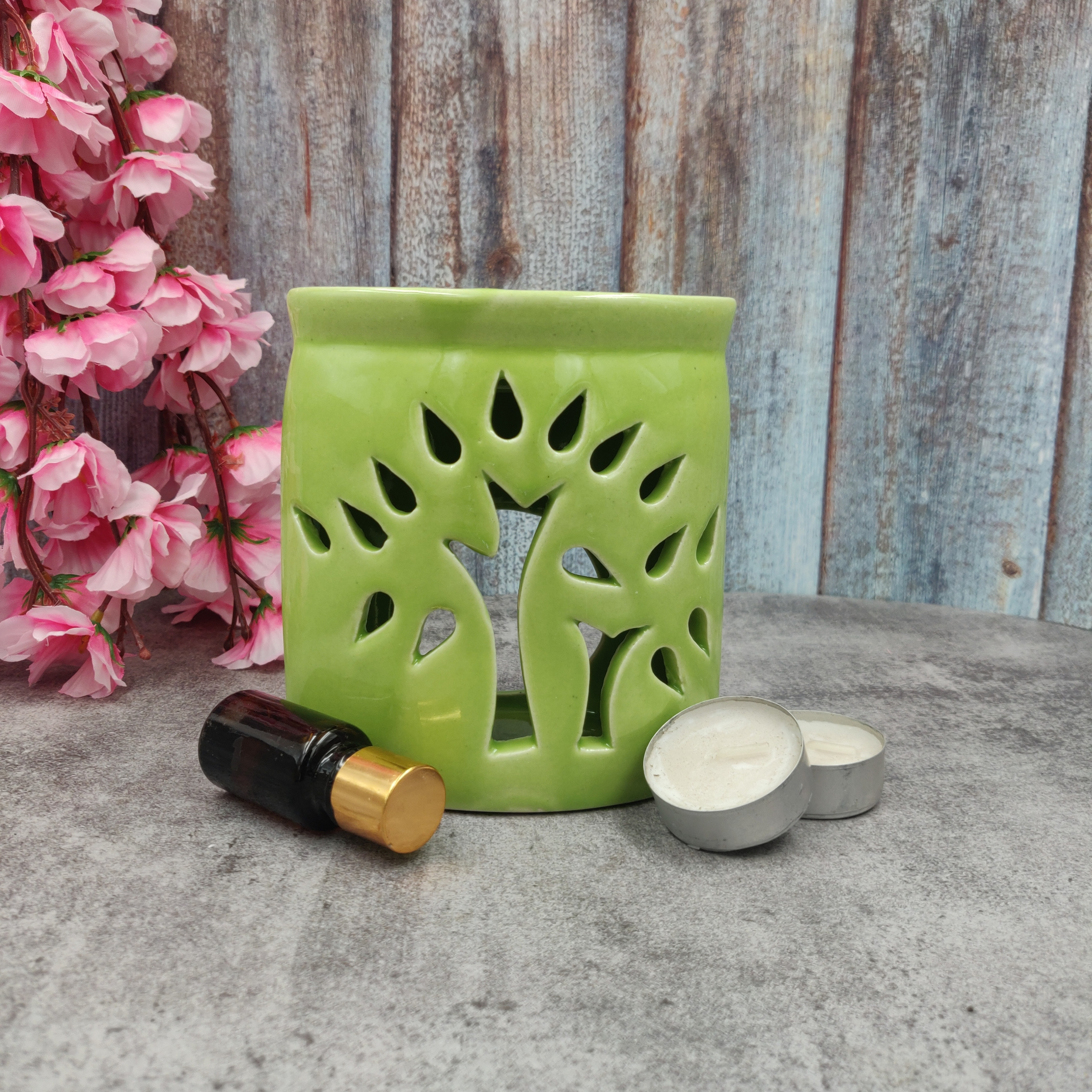 home delight Tree Cutting Green Ceramic Diffuser With 10ml Lily Fragrance (2-Tealight Candle) Diffuser Set, Aroma Oil image 1