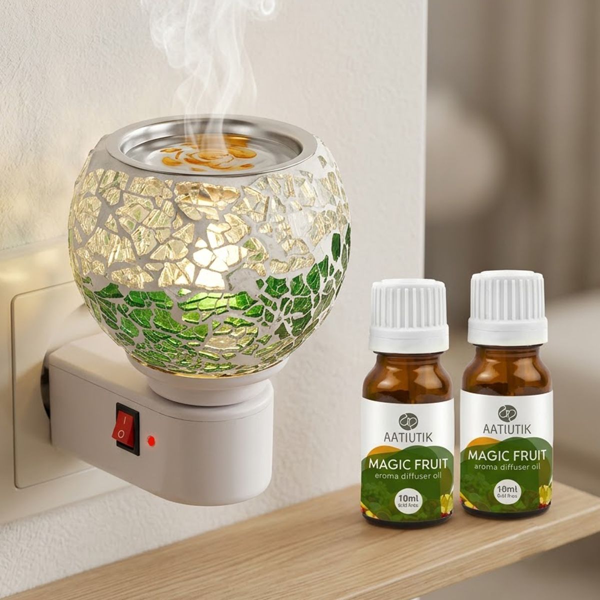 aatiutik Magic Fruit Home Fragrance Air Freshener Diffuser Set Premium Electric Kapoor Dani Camphor Diffuser with 2 Aroma Oil Bottles (10ML Each) | Plug-in Ceramic Aroma Oil Burner | Night Lamp Light | Glass Mosaic Fragrance Diffuser for Home, Office, Temple & Meditation-picture-37