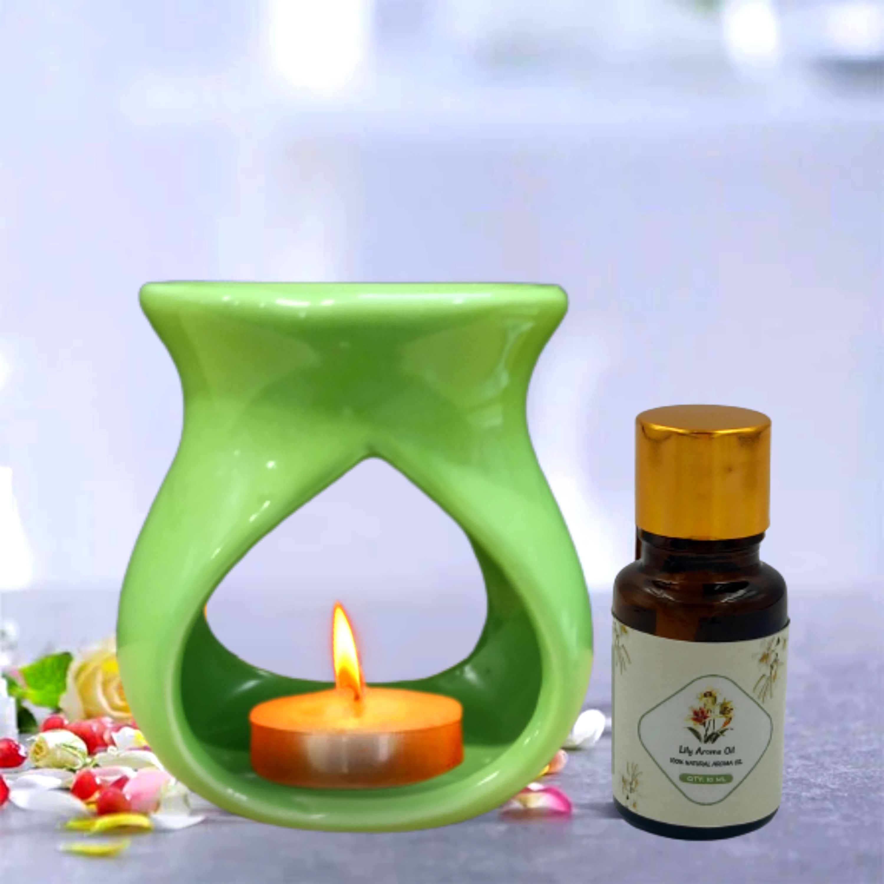 home delight Diya Cutting Ceramic Green Diffuser With 10ml Lilly Oil & One Tea Light Candles Diffuser Set, Aroma Oil-picture-15