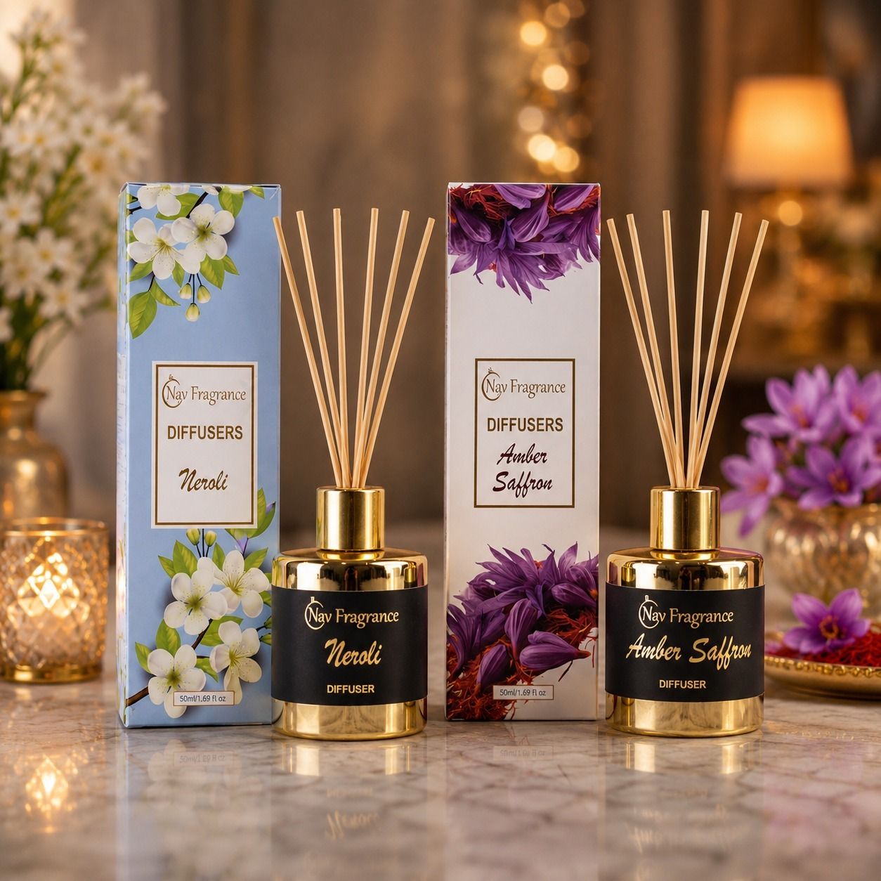navfragrance Neroli, Amber Saffron Diffuser Set Reed Diffuser Combo Pack of 2 | Premium Aroma Diffuser Set | 50ml Each-picture-41