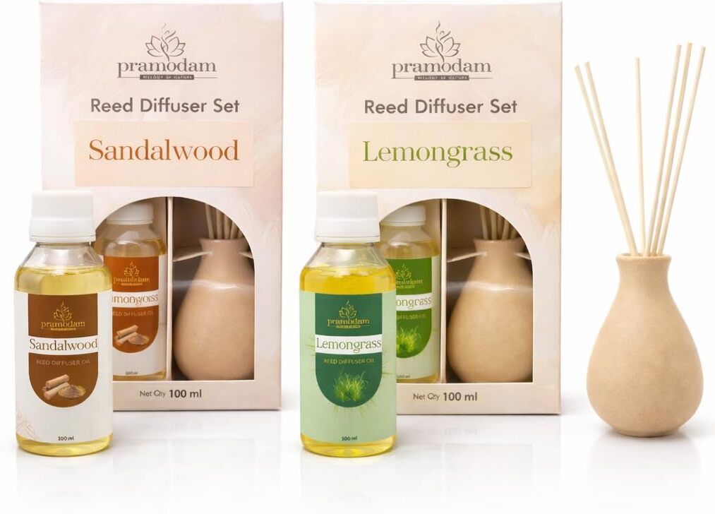 pramodam Sandalwood+Lemongrass Diffuser Set Ceramic Reed Diffuser Set with Sandalwood & Lemongrass Oil | 12 Rattan Reeds-picture-38