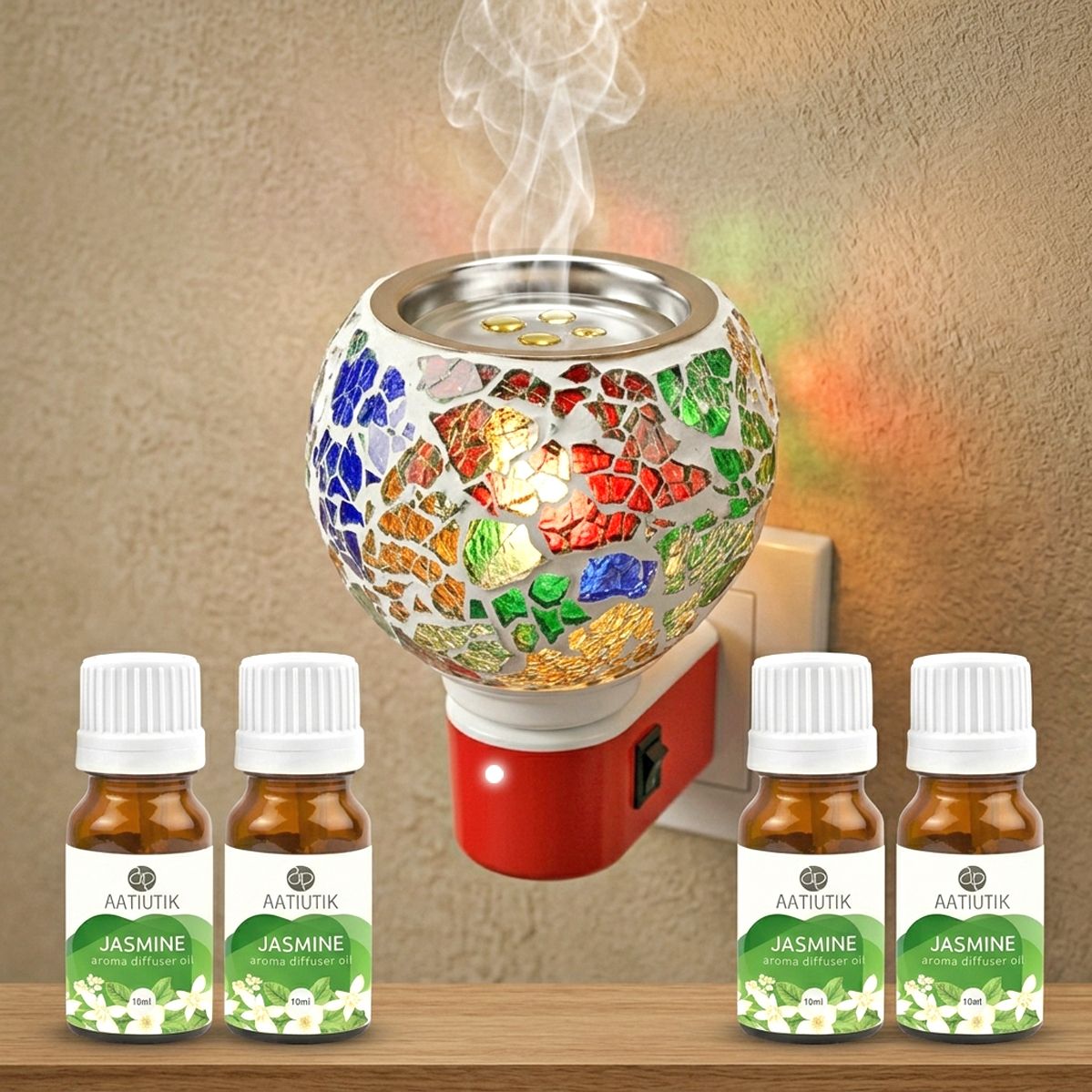 Jasmine Fragrance air freshener Diffuser Electric Kapoor Dani Camphor Diffuser with 4 x 10ml Aroma Oils | Mosaic Glass Plug-in Aroma Lamp | Camphor Burner | Night Lamp Light | Home, Office & Pooja Room Fragrance Diffuser-image-12