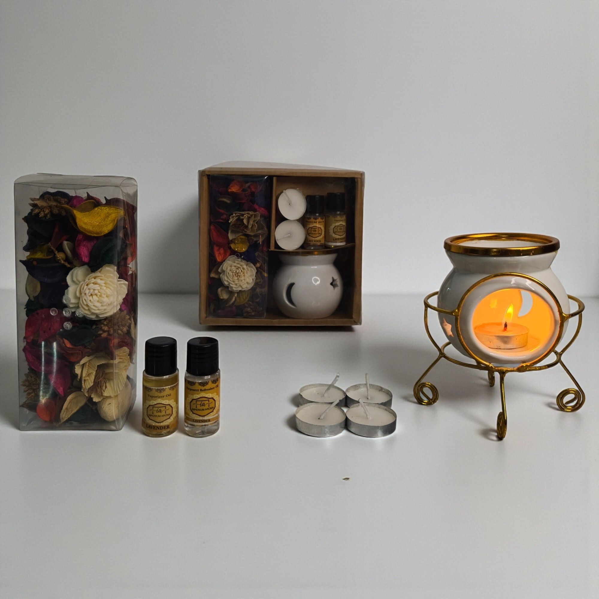 imperium aroma Golden Brass Neck Ceramic Oil Burner Set with Premium Metallic Stand Diffuser Set, Potpourri 50g, Tealight Candles 04, Lavender vaporizer 15 ml & Potpourri Refresher Oil 15 ml |Candle Diffuser for Relaxation & Home Decoration-picture-42