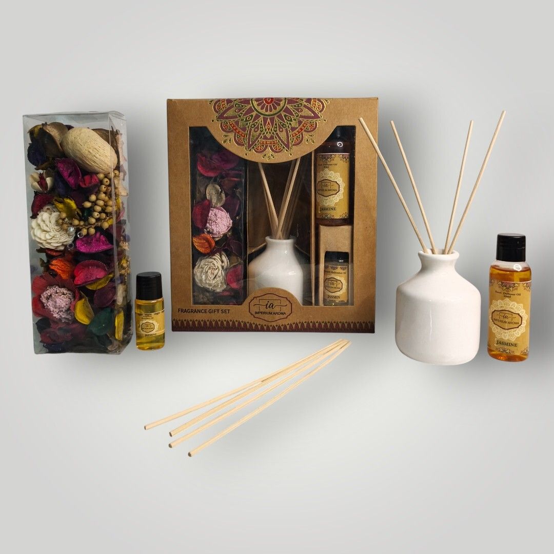 imperium aroma Jasmine Reed Diffuser Gift Set| 50 ml Oil | Aromatherapy Diffuser Set, Potpourri 50 g with 15 ml Refresher | 8 Rattan Sticks | Soft Aroma for Home & Offices-picture-18