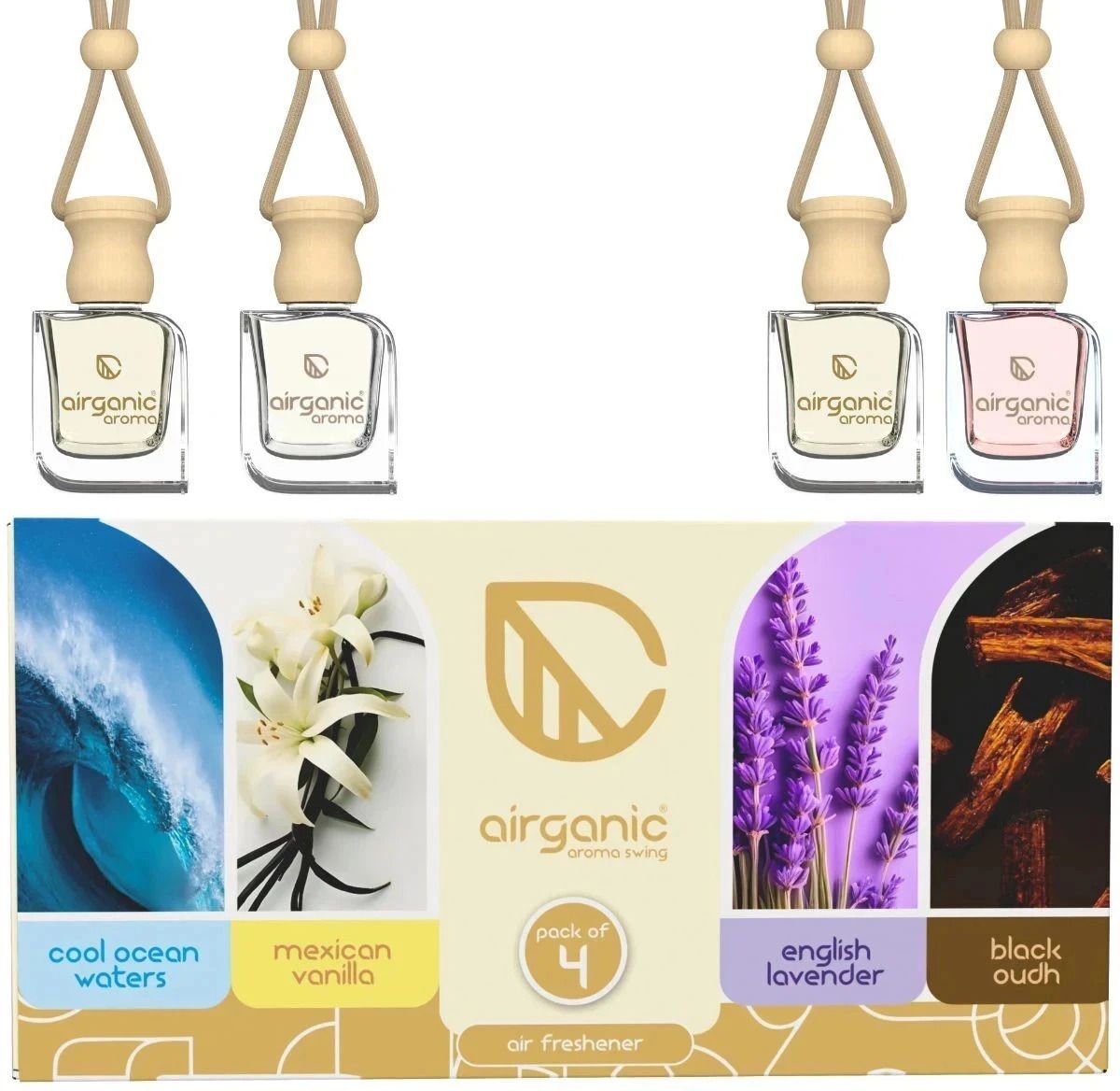 Aroma Swing pack 4 combo: Cool Ocean , Mexican Vanilla, Lavender & Black Oudh Car Freshener Diffuser