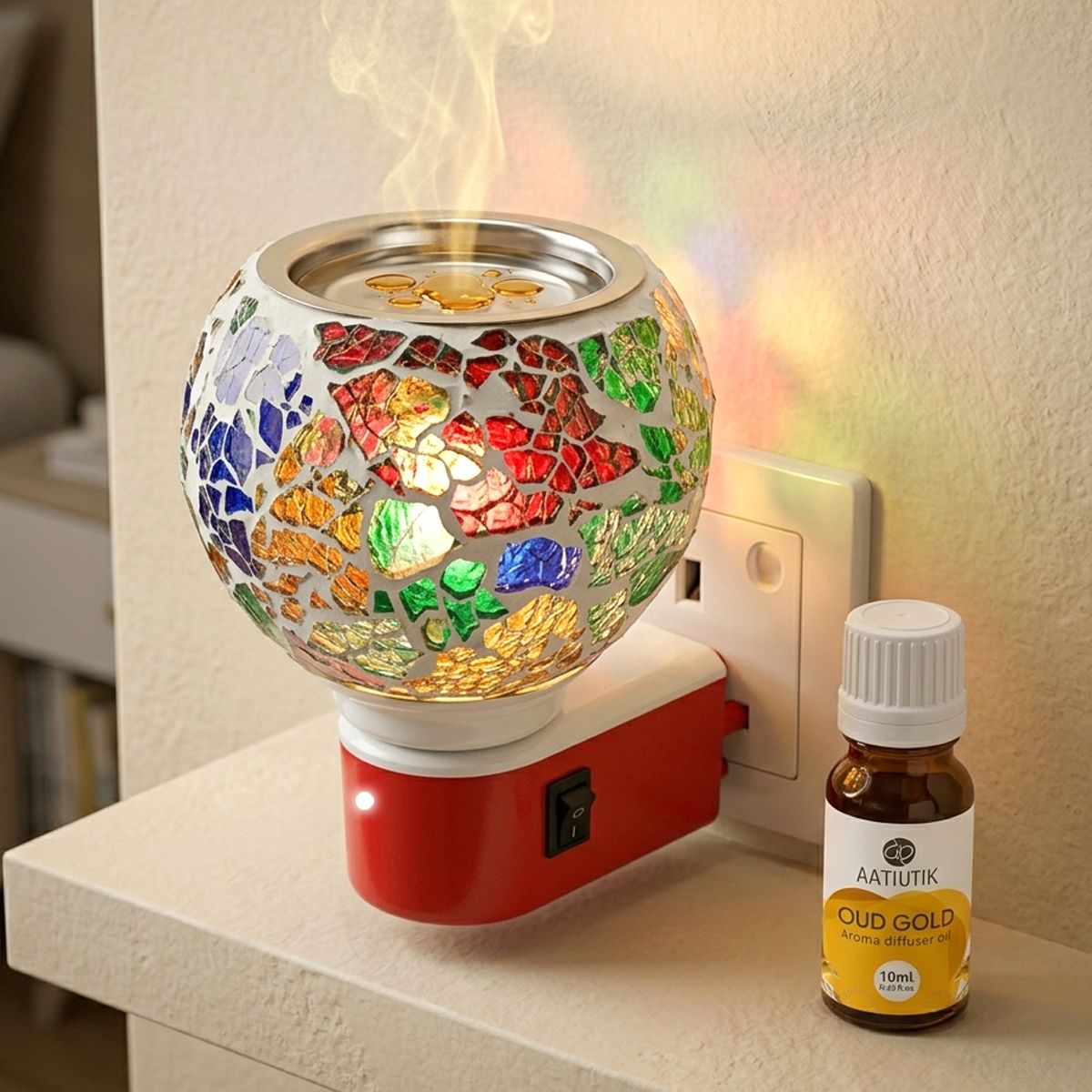 Oud Gold Fragrance Air Freshener Diffuser Electric Mosaic Glass Kapoor Dani Camphor Diffuser with Aroma Oil | Plug-in Camphor Burner Night Lamp Light | Camphor & Essential Oil Diffuser for Home, Office, Pooja & Meditation-image-6