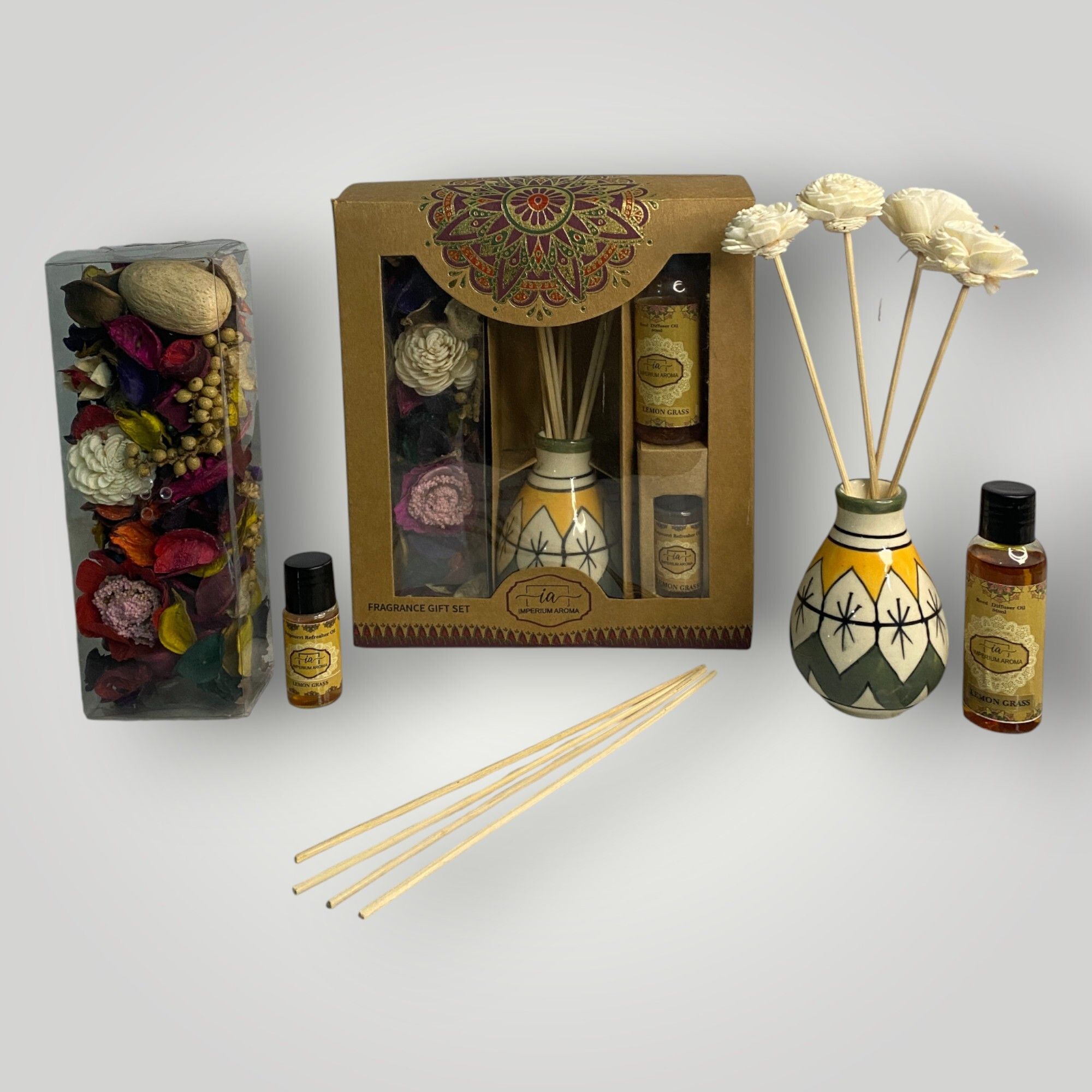 imperium aroma Lemongrass Aroma Reed Diffuser | Painted Ceramic Vase | 50 ml Diffuser Set, Potpourri 50 g with 15 ml Refresher | 8 Sticks | Light Aroma for Bedroom, Livingroom & Offices-picture-33