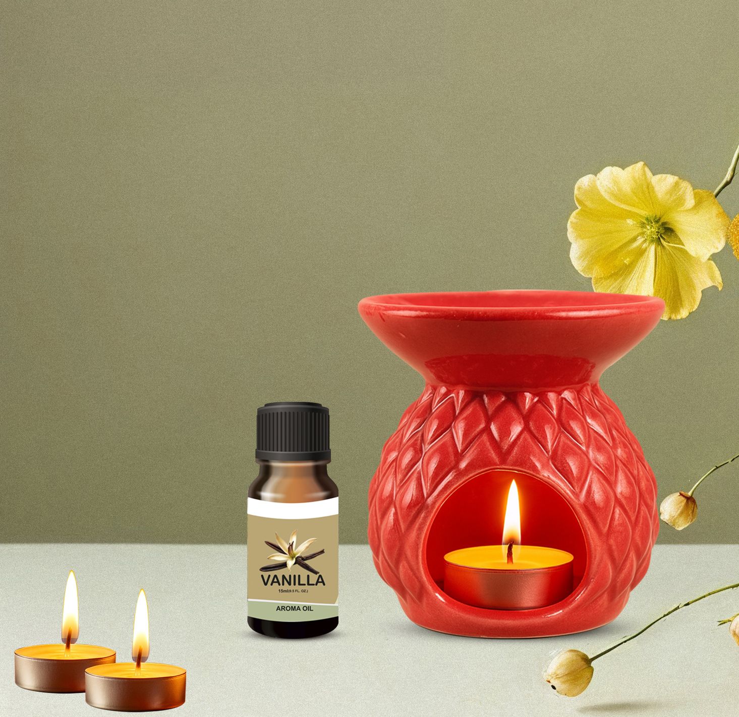 boxglee Premium Scented Aroma Oil (15ml Each) Diffuser Set Red Texture Burner/Room Freshener/Air Freshener & 1 Vanilla Aroma Oil Each)-picture-26