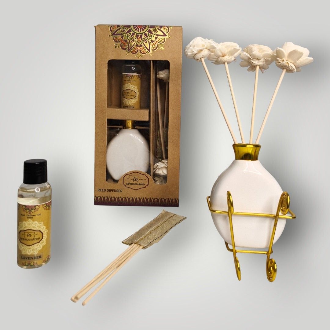 Lavender Reed Diffuser Set |Ceramic Pot with Brass Neck| 8 Reed Sticks| Diffuser Oil 50 ml | Floral-Relaxing Scent for Bedroom, Living Room and Office-image-36