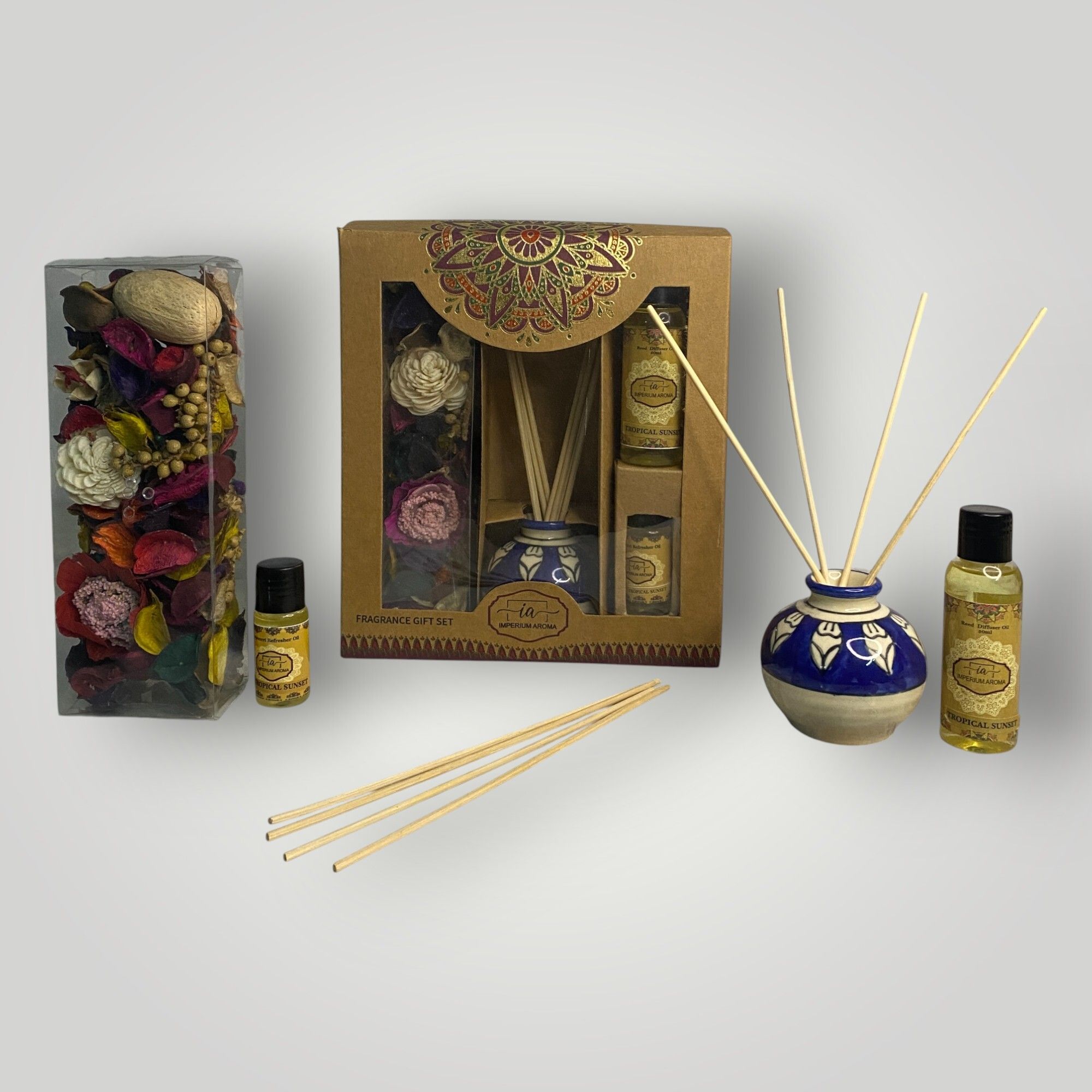 imperium aroma Tropical Sunset Reed Diffuser Set | Ceramic Bottle | 50 ml Diffuser, Potpourri 50 g with 15 ml Premium Refresher | 8 Sticks | Pleasant Aroma for Home & Offices-picture-29