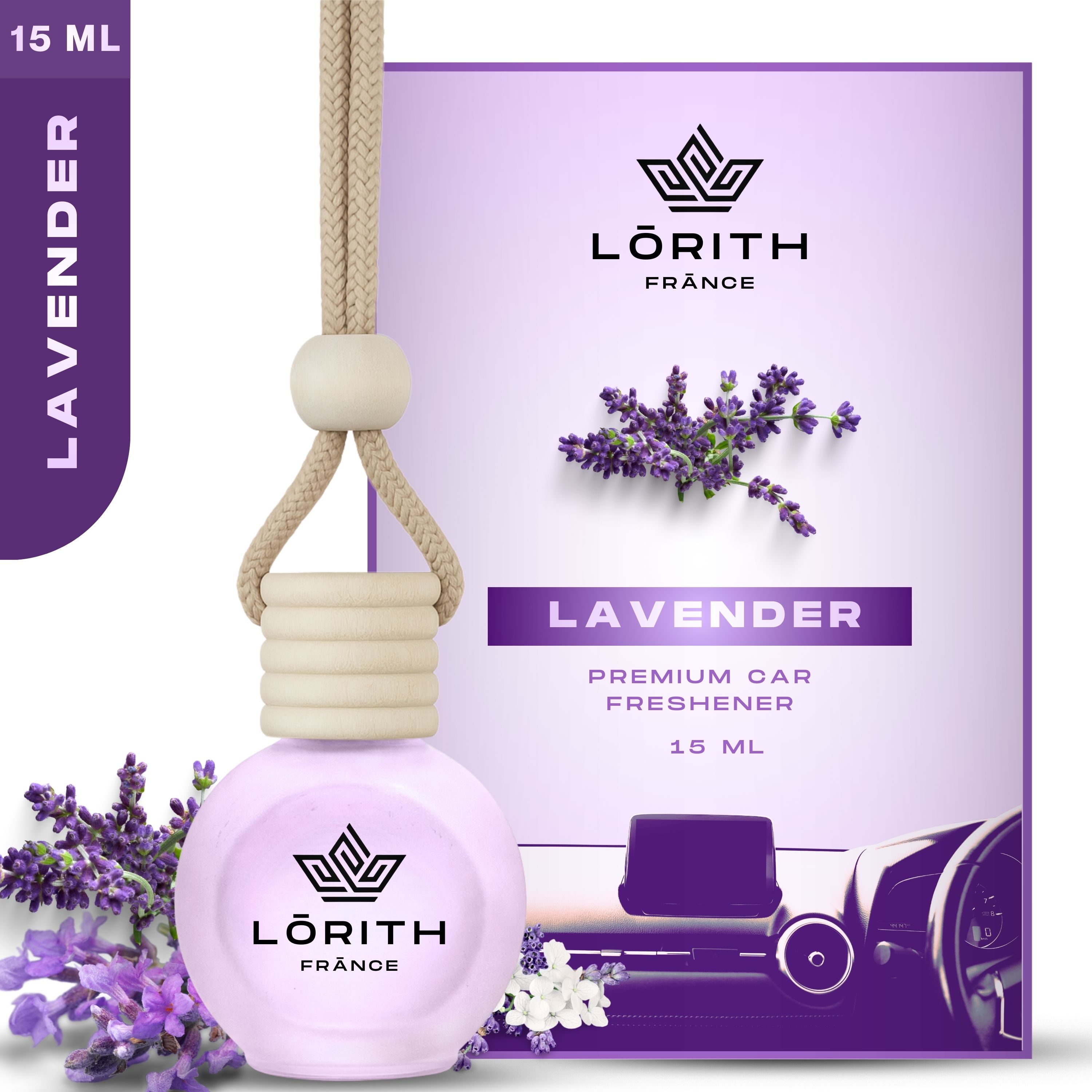 lorith france Lavender Car Freshener Diffuser Set Car Perfume Combo Best Pack of 1 Premium Hanging Car Air Freshener (Lavender) (15ML) Long Lasting Natural Essential Oil Glass Bottle Car Accessories-picture-20
