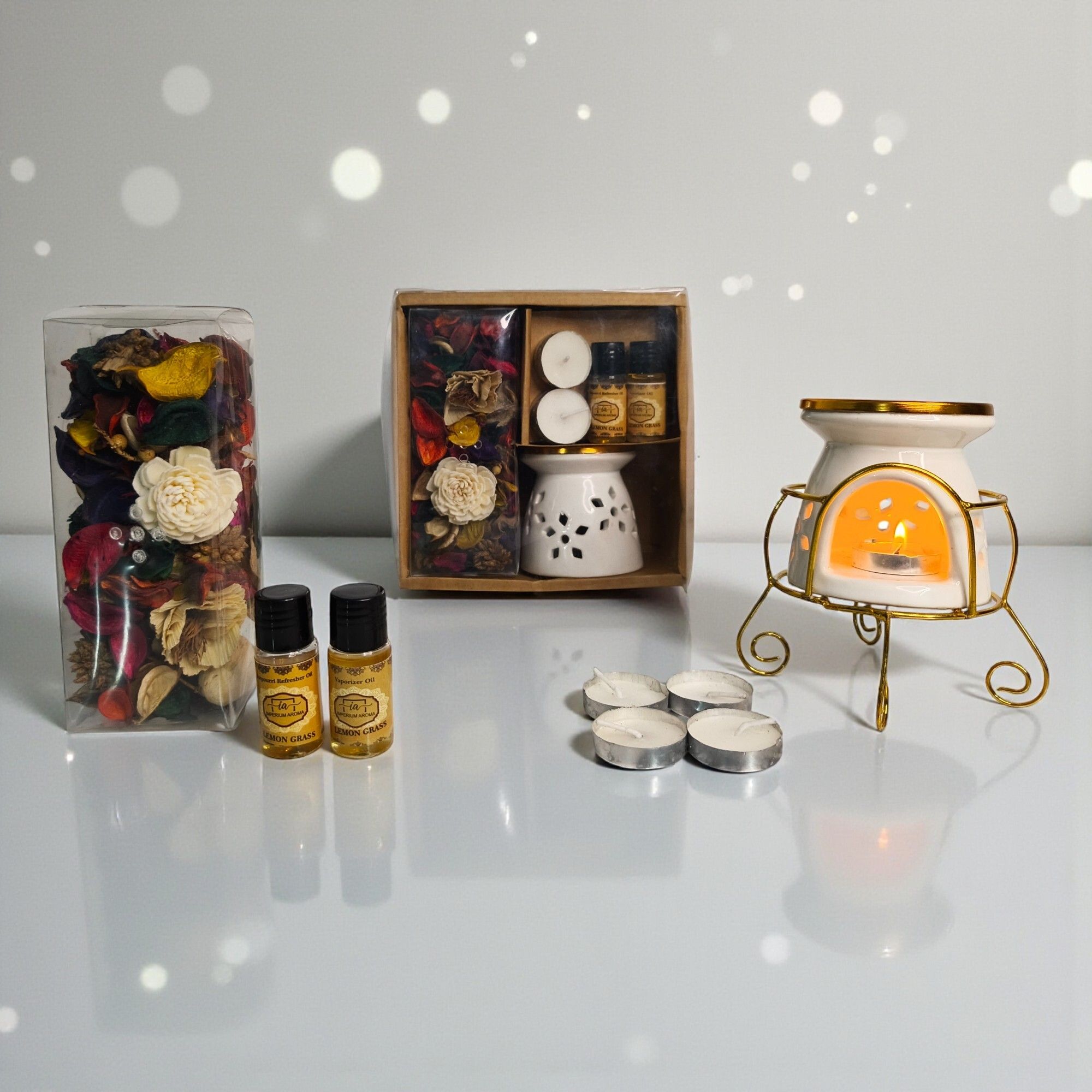 imperium aroma Golden Brass Tealight Oil Burner with Metal Stand Diffuser Set, Potpourri 50g | Tealight Candles 04 | Lemongrass vaporizer Oil 15 ml & Potpourri Refresher Oil 15 ml | Perfect for Home, Spa & Bed Room-picture-13