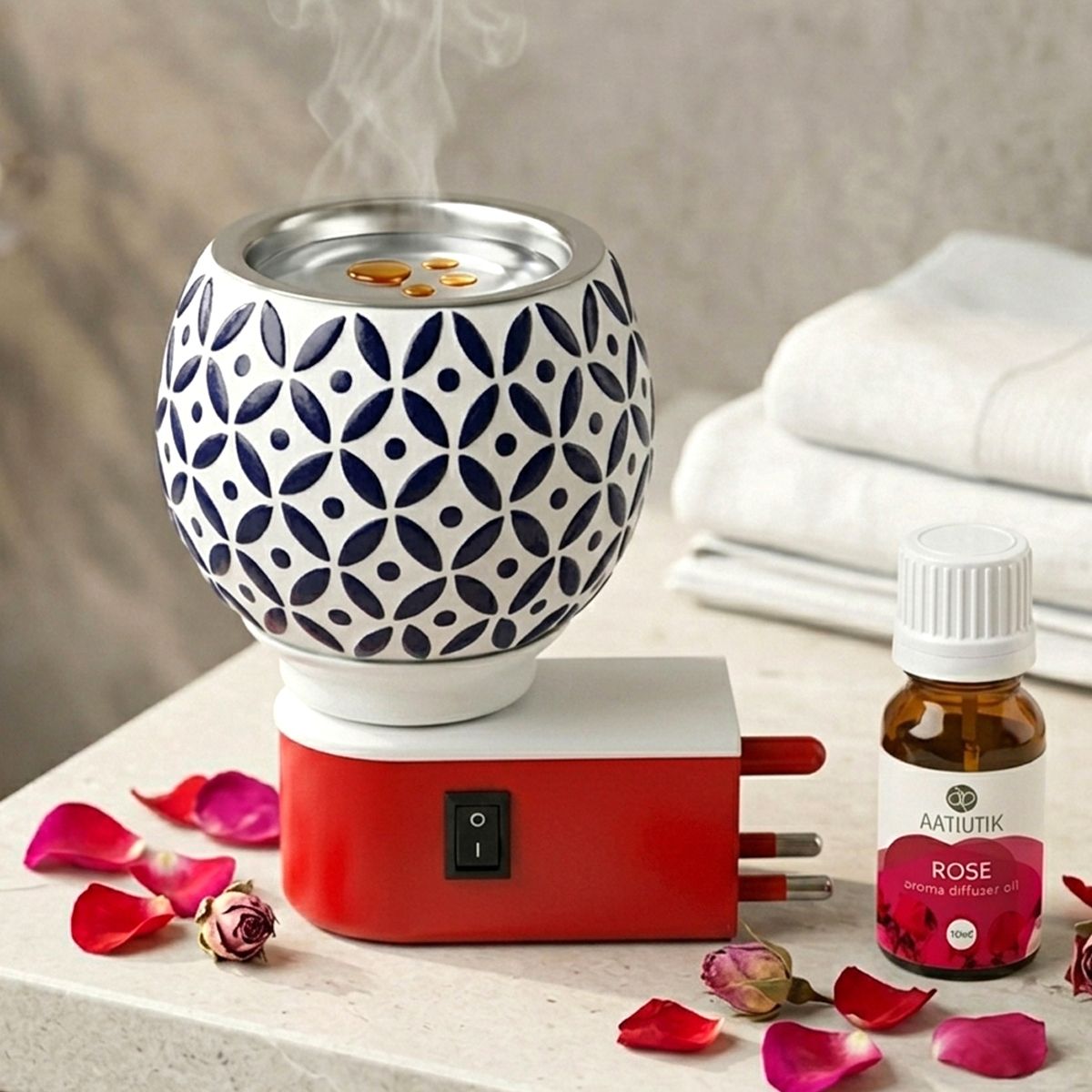 Rose Fragrance Air Freshener Diffuser Set Electric Kapoor Dani Camphor Diffuser with Ceramic Bowl | Plug-in Aroma Oil Burner & Essential Oil Diffuser | Air Freshener for Home, Puja Room, Office & Meditation-image-14