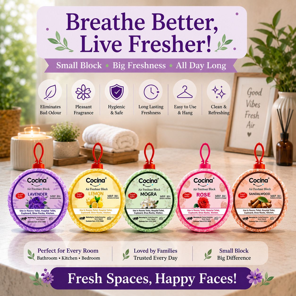 cocina air Floral Blocks Lavender, Lemon, Mogra, Rose, Sandal Air Freshener Hanging Disc Pack of 5 Fresh Floral for Home & Office Use-picture-17